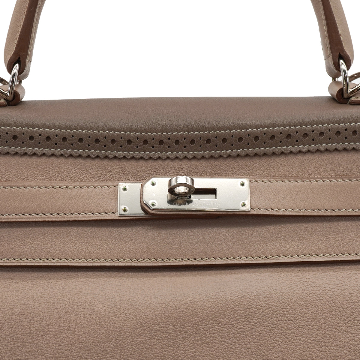 HERMES KELLY 35 GHILLIES RETOURNE ARGILE ETOUPE VEAU SWIFT HAND SHOULDER BAG 2012 SQUARE P STAMP PALLADIUM HARDWARE 90344353