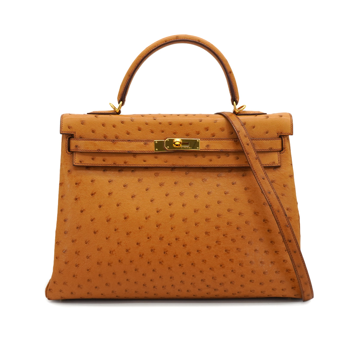 HERMES KELLY 35 RETORNE CHESTNUT OSTRICH HAND SHOULDER BAG 2005 SQUARE I GOLD HARDWARE 90331929