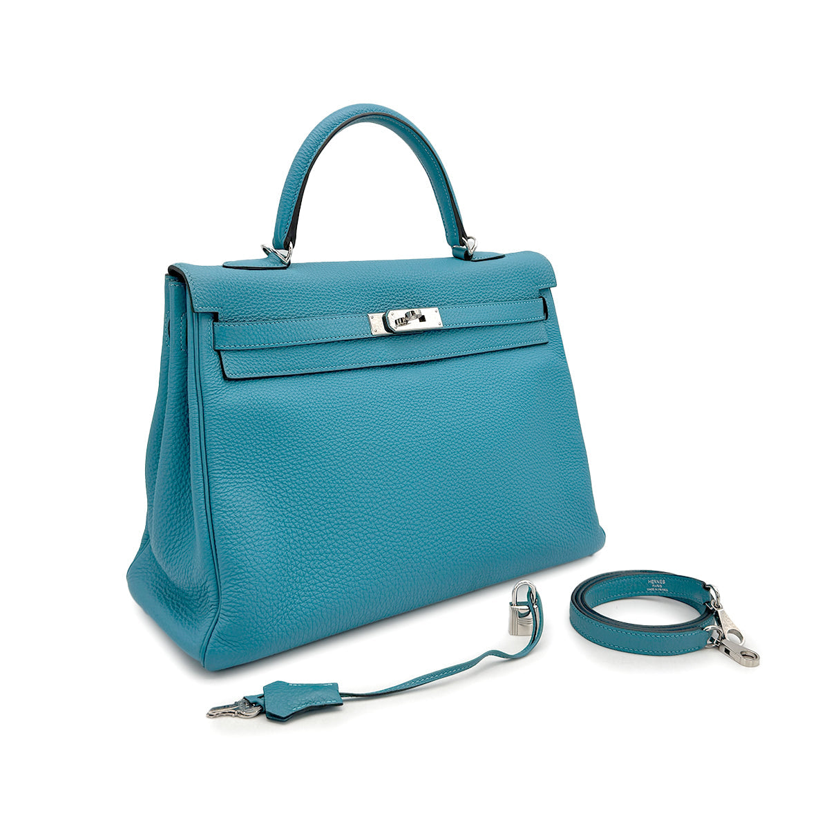 HERMES KELLY 35 RETOURNE TURQUOISE TOGO HAND SHOULDER BAG 2014 SQUARE R PALLADIUM HARDWARE 90319922