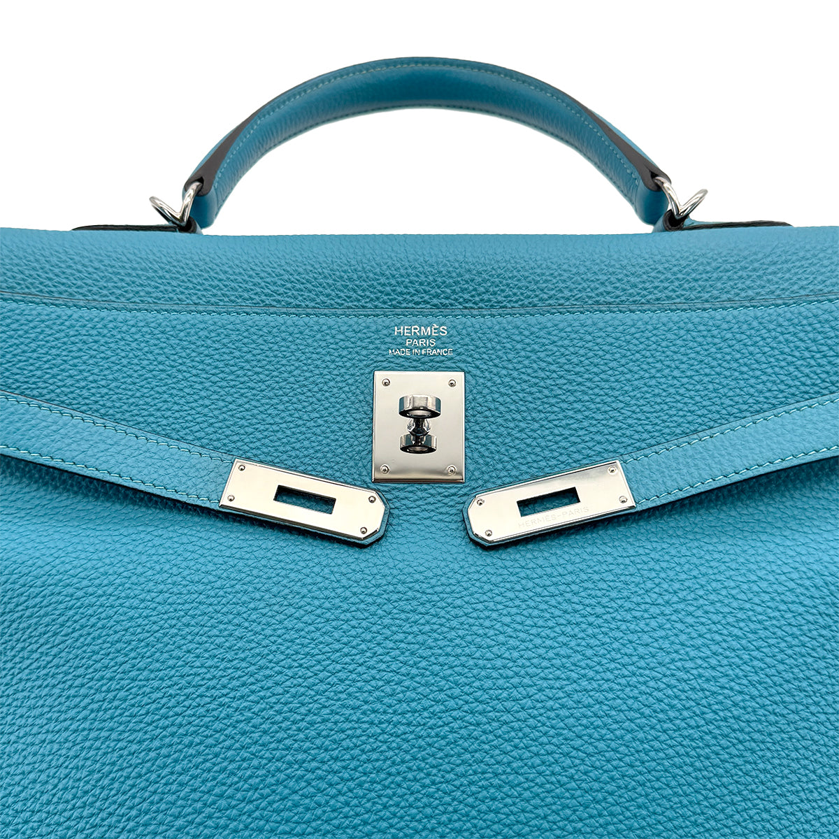 HERMES KELLY 35 RETOURNE TURQUOISE TOGO HAND SHOULDER BAG 2014 SQUARE R PALLADIUM HARDWARE 90319922