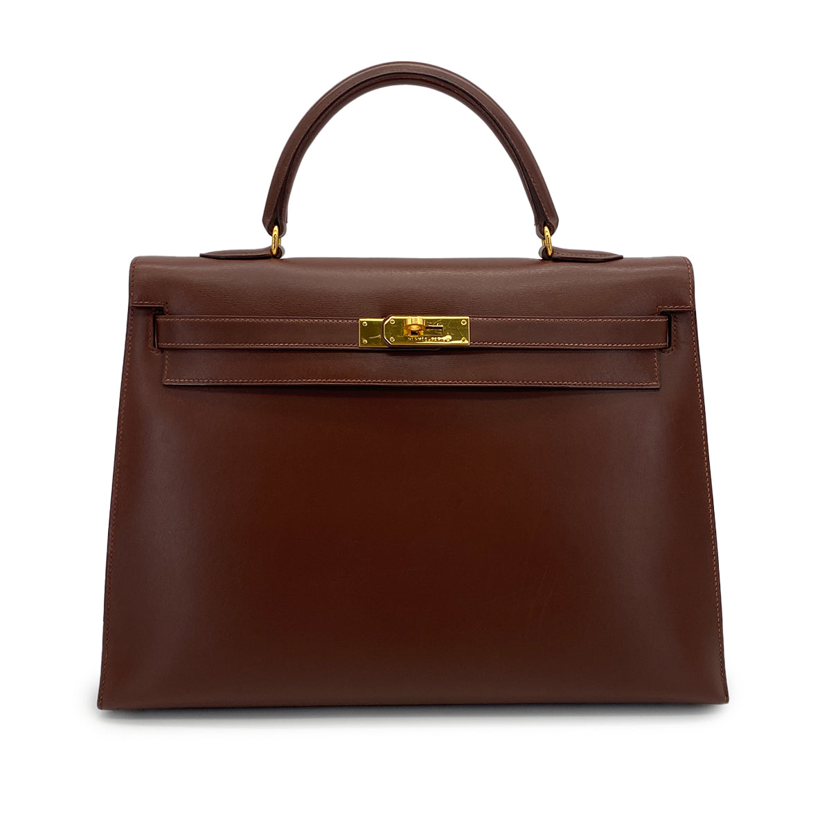 HERMES KELLY 35 SELLIER MARRON FONCE BOXCALF HAND BAG 1998 SQUARE B GOLD HARDWARE 90320997