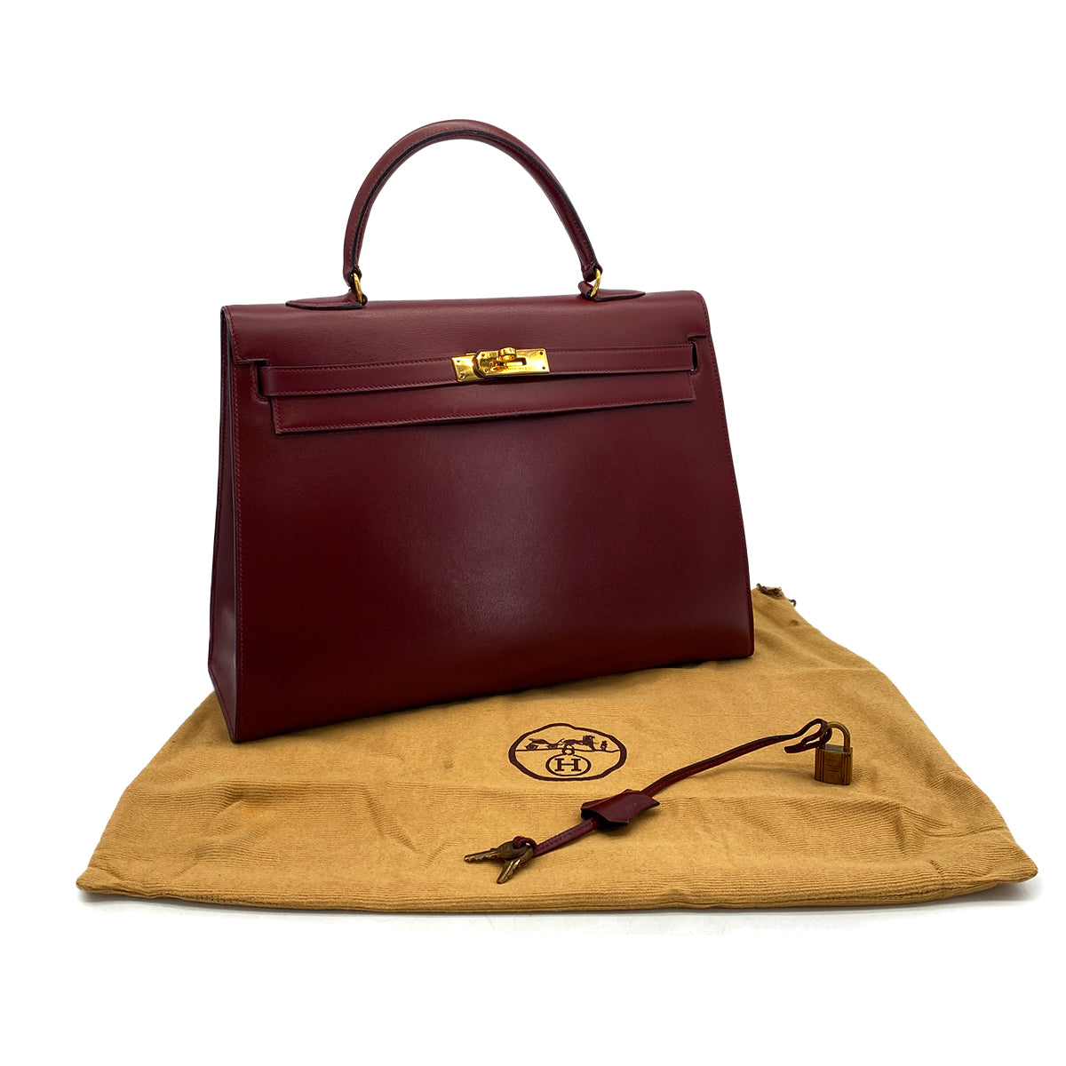 HERMES KELLY 35 SELLIER ROUGE H BOXCALF HAND BAG 1978 CIRCLE H GOLD HARDWARE 90320992
