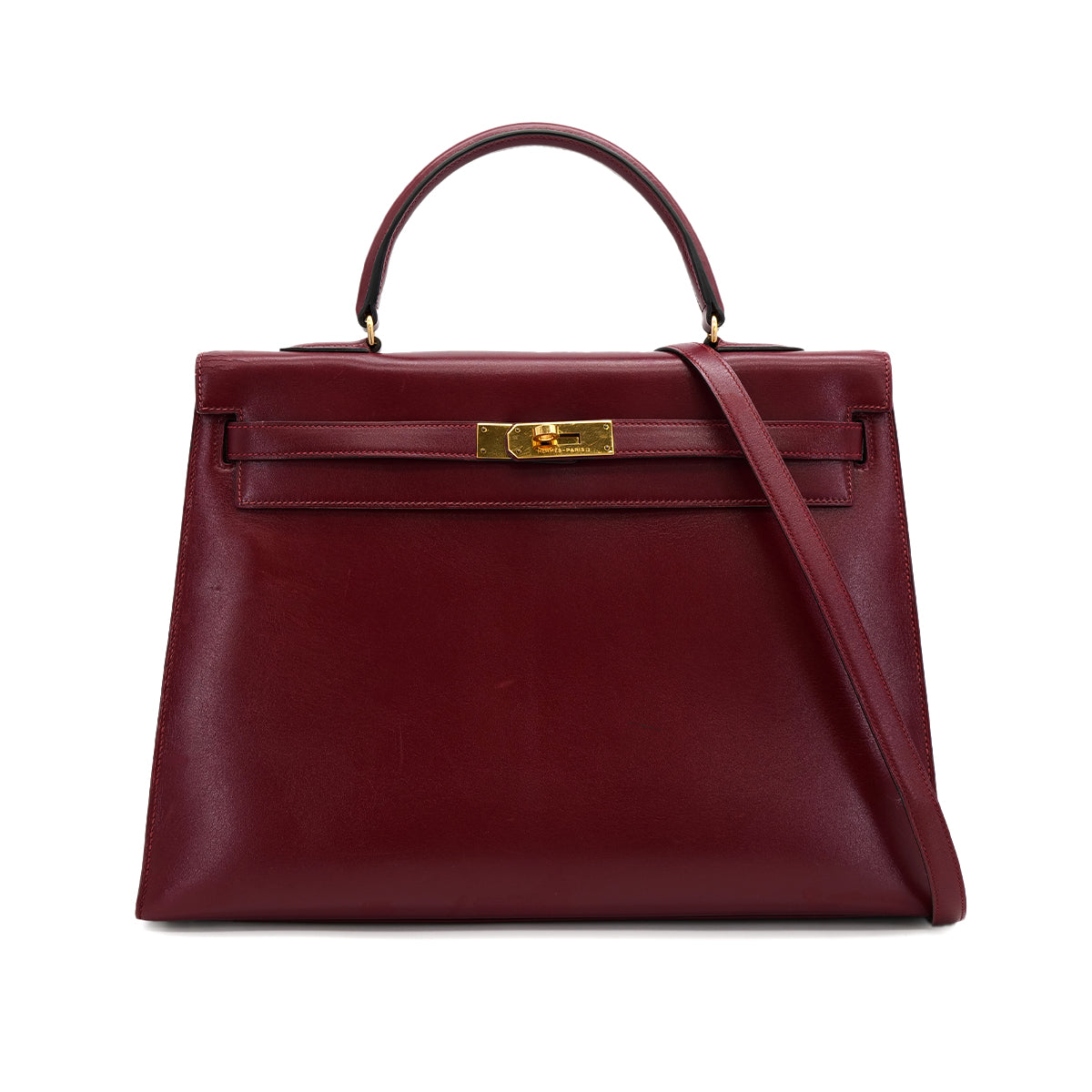 HERMES KELLY 35 SELLIER ROUGE H BOXCALF HAND SHOULDER BAG 1989 CIRCLE S GOLD HARDWARE 90313341