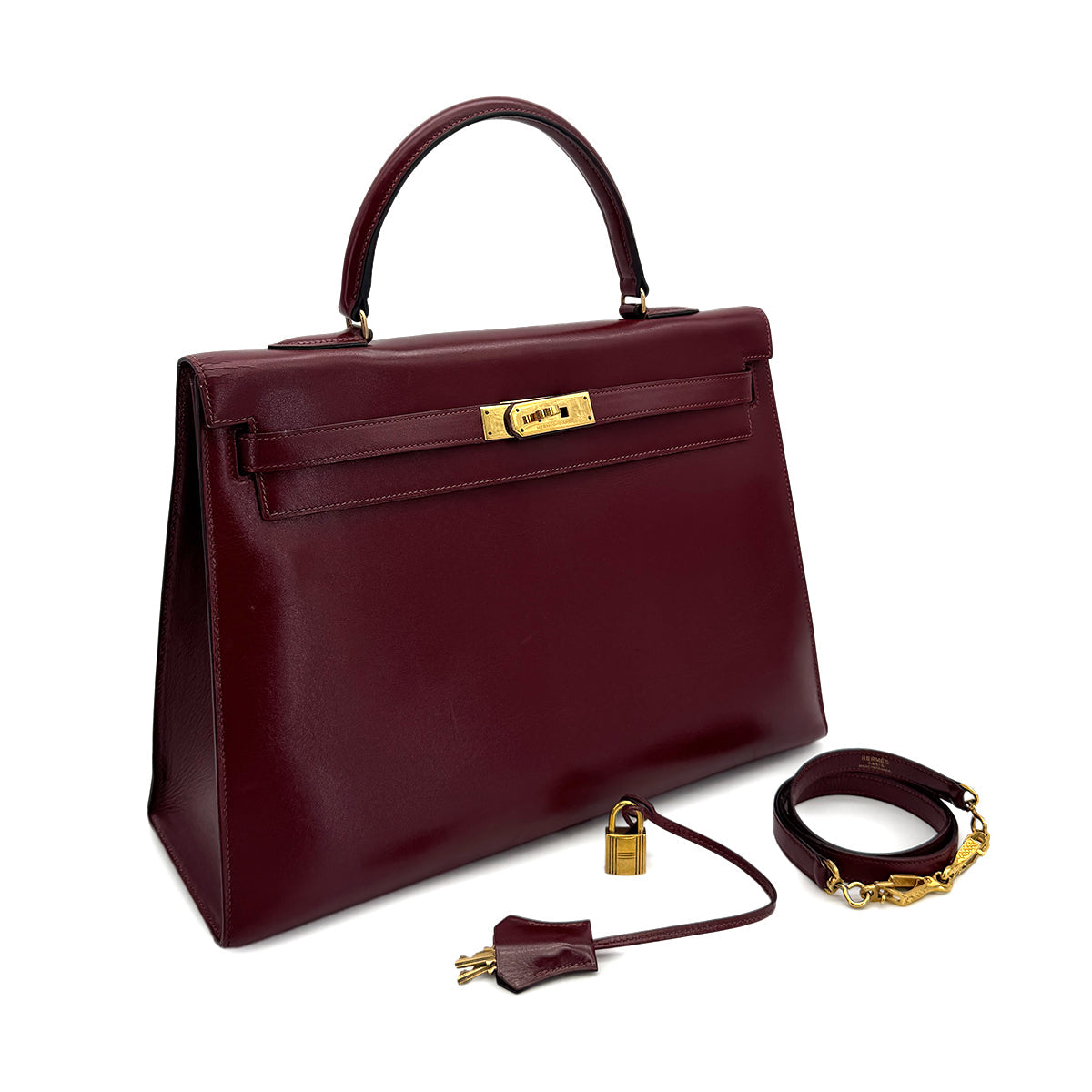 HERMES KELLY 35 SELLIER ROUGE H BOXCALF HAND SHOULDER BAG 1989 CIRCLE S GOLD HARDWARE 90313341