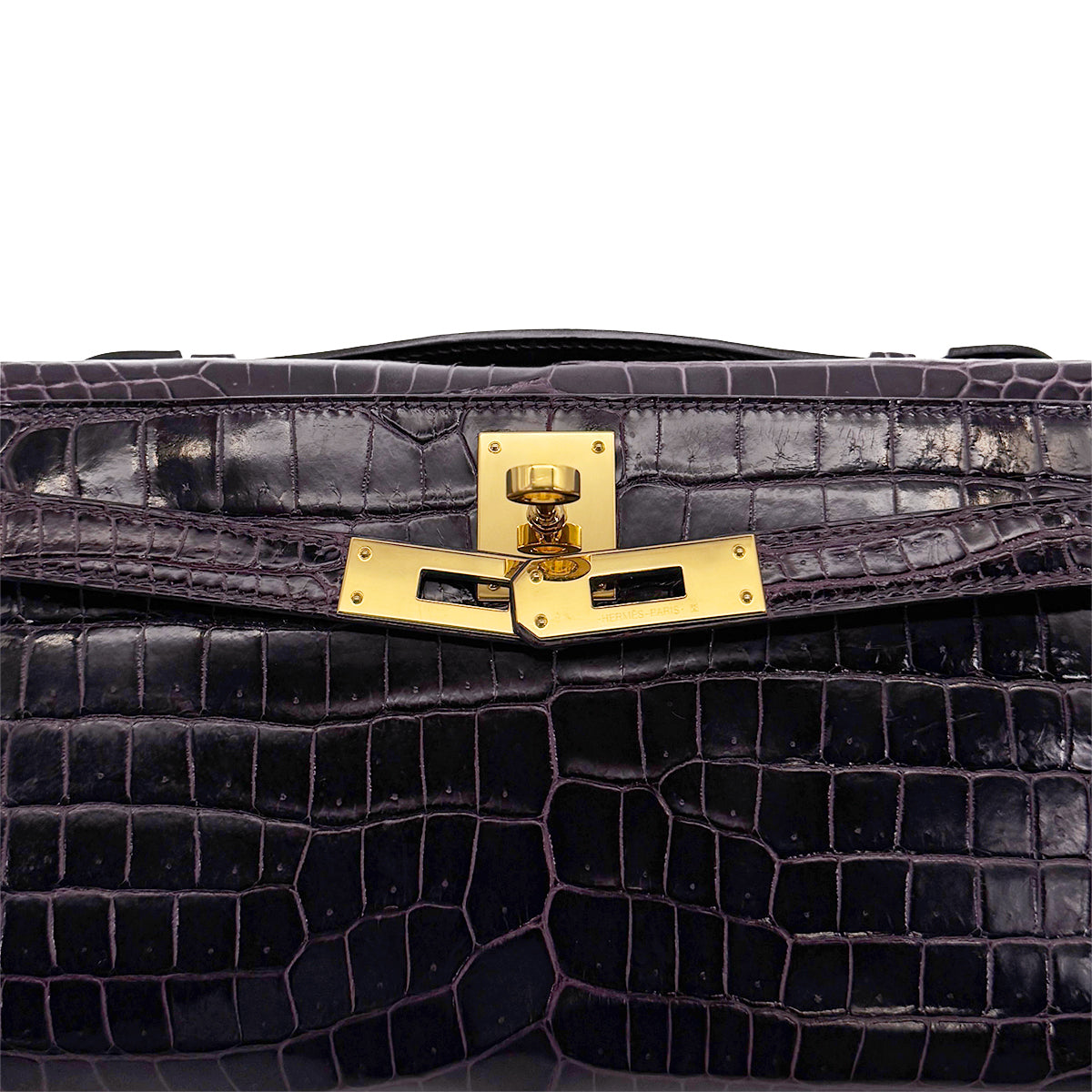 HERMES KELLY CUT AUBERGINE CROCODILE POROSUS HAND BAG 2019 D STAMP GOLD HARDWARE 90317182