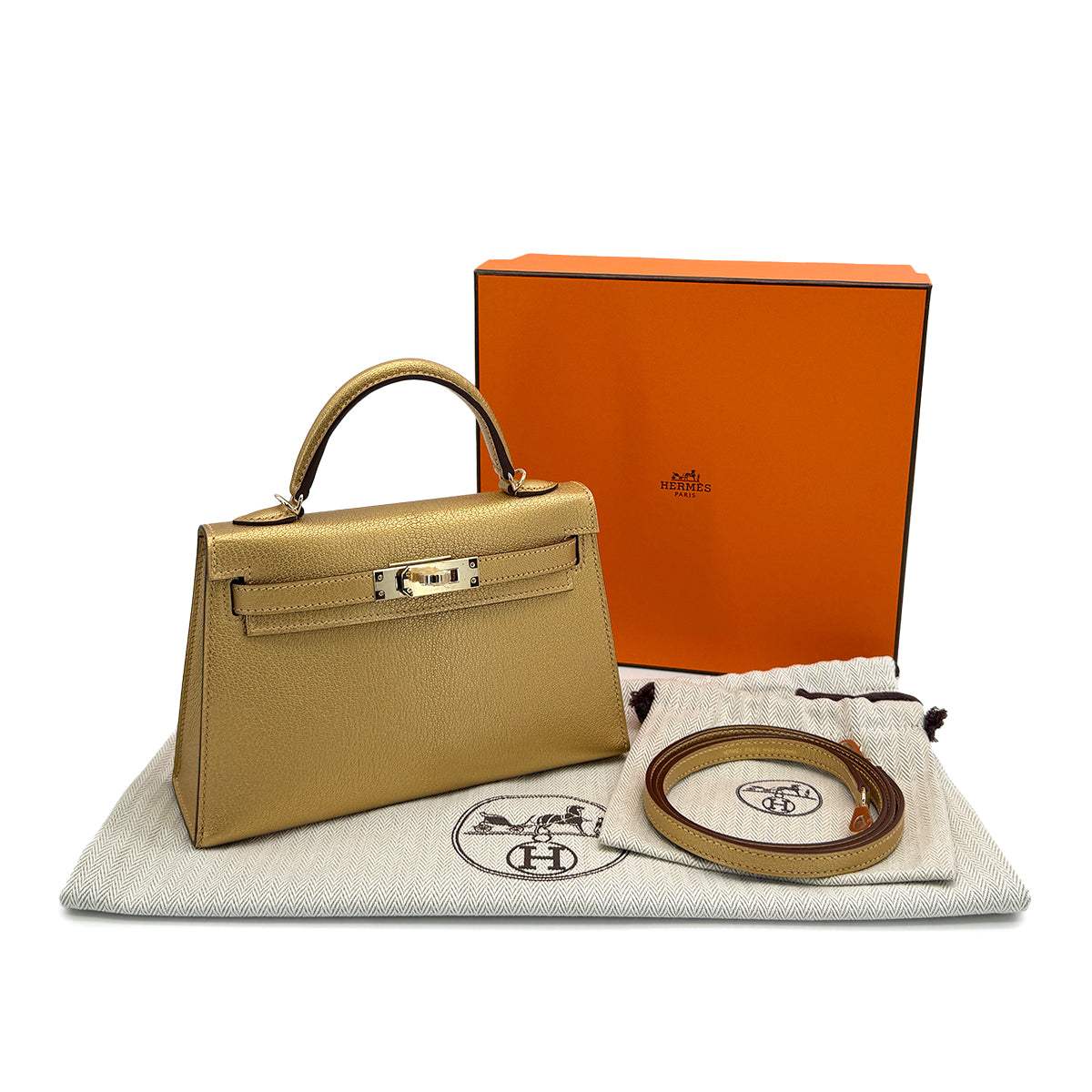 HERMES KELLY MINI 2 NEW DORE CHEVRE CHAMKILA HAND SHOULDER BAG