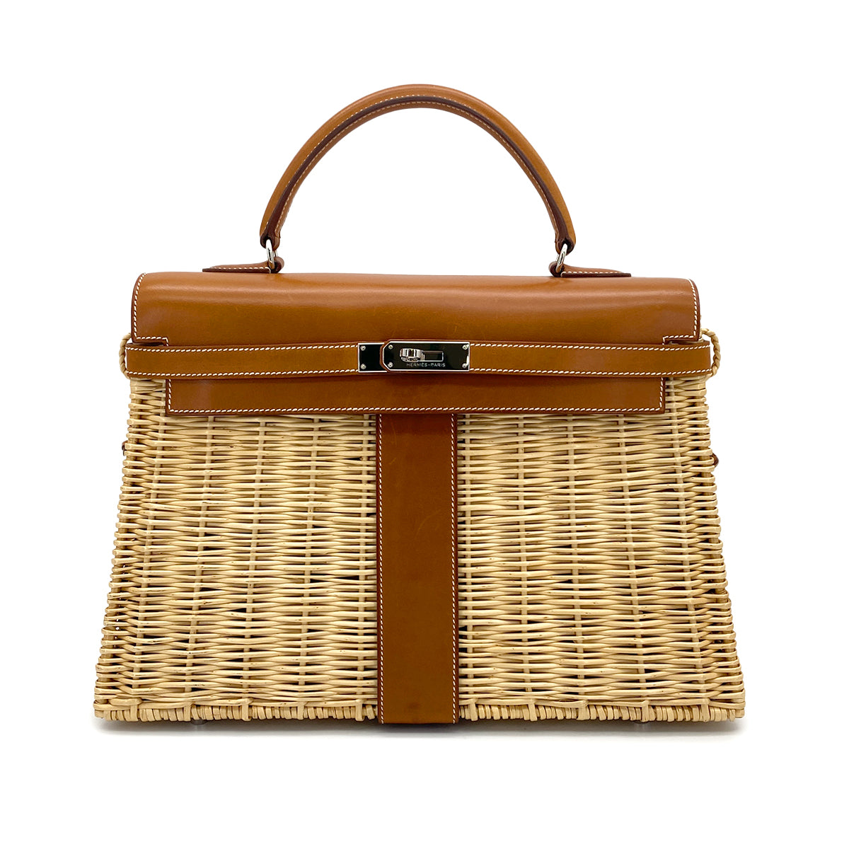 HERMES KELLY PICNIC 35 FAUVE VEAU BARENIA RATTAN HAND BAG 2011 SQUARE O PALLADIUM HARDWARE 90325643