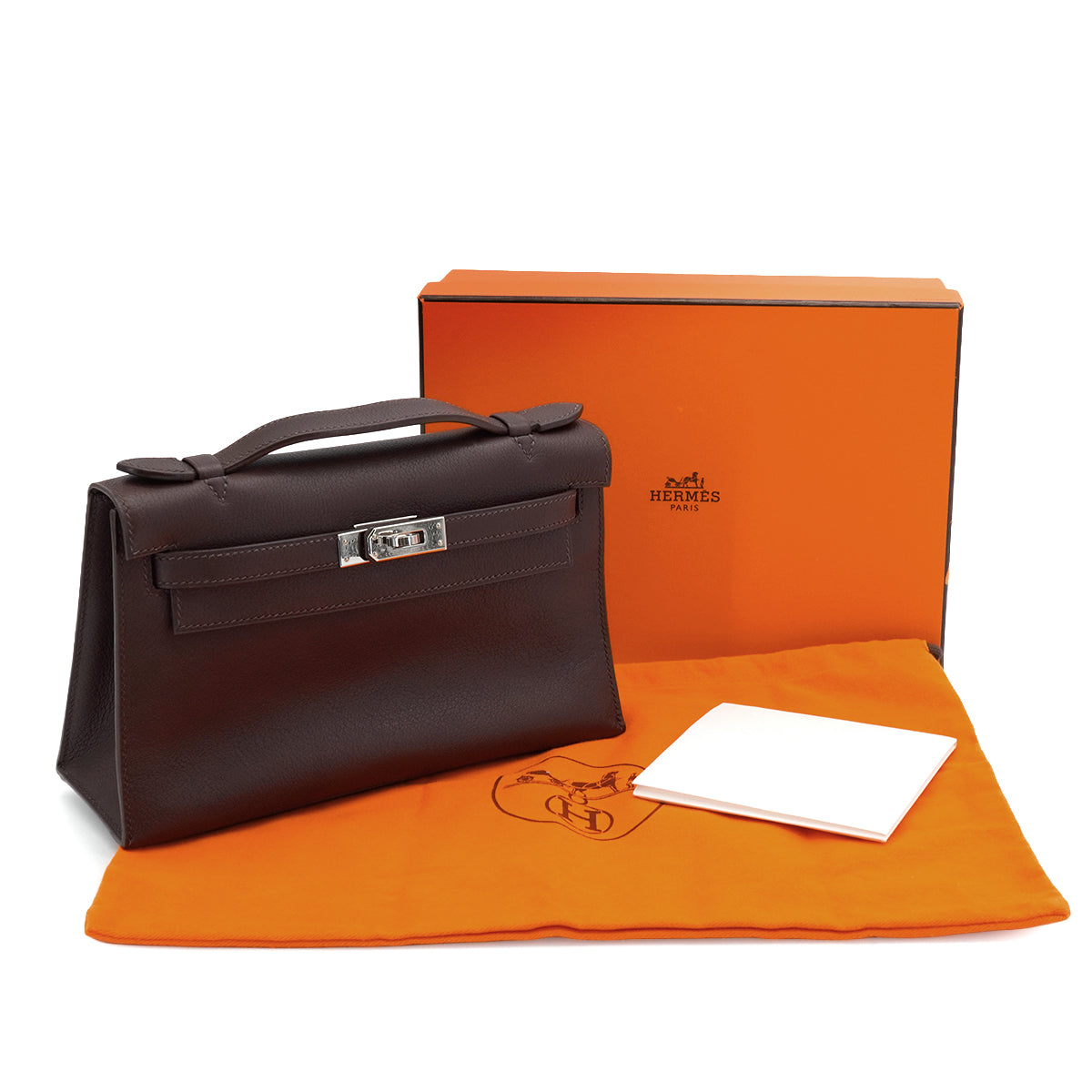 HERMES KELLY POCHETTE SELLIER HAVANE EVERGRAIN HAND BAG 2006 SQUARE J PALLADIUM HARDWARE 90339639