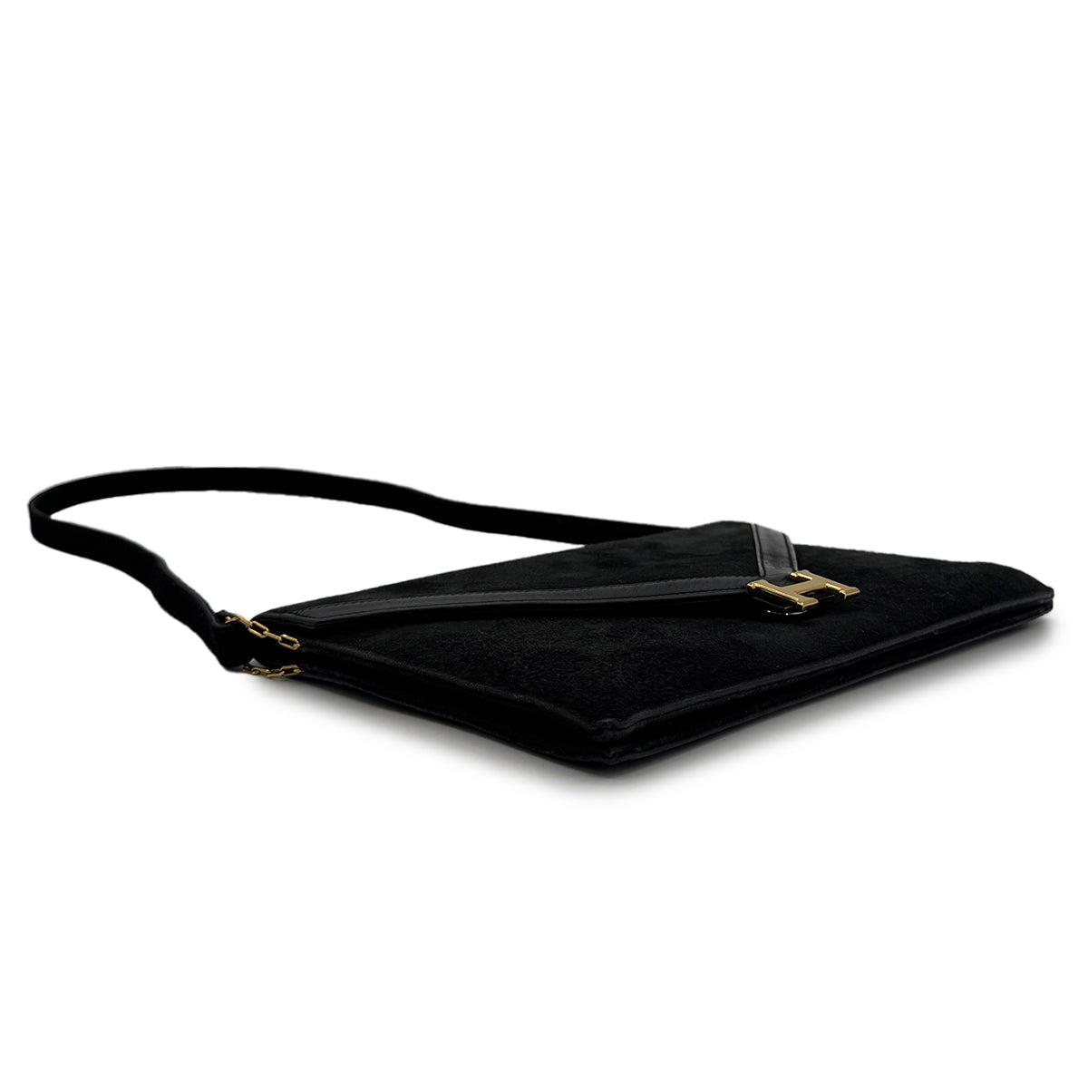 HERMES LYDIE BLACK DOBLIS CLUTCH SHOULDER BAG 1976 CIRCLE F GOLD HARDWARE 90325346