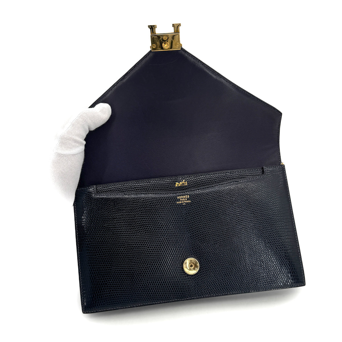 HERMES LYDIE BLUE MARIN LIZARD CLUTCH SHOULDER BAG 1982 CIRCLE L GOLD HARDWARE 90315024