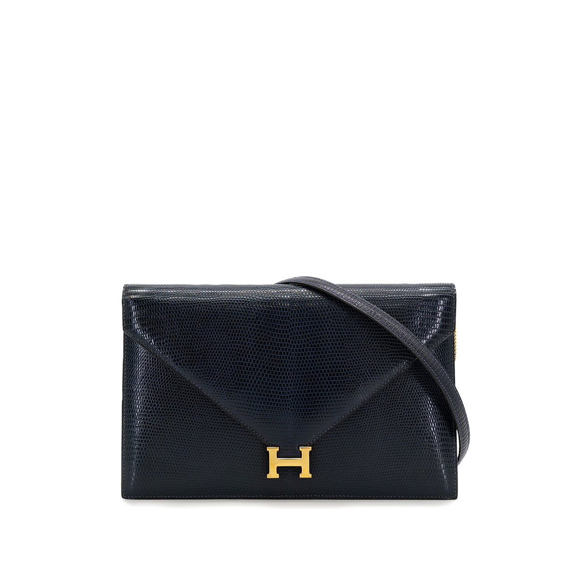 HERMES LYDIE BLUE MARIN LIZARD CLUTCH SHOULDER BAG 1982 CIRCLE L GOLD HARDWARE 90315024
