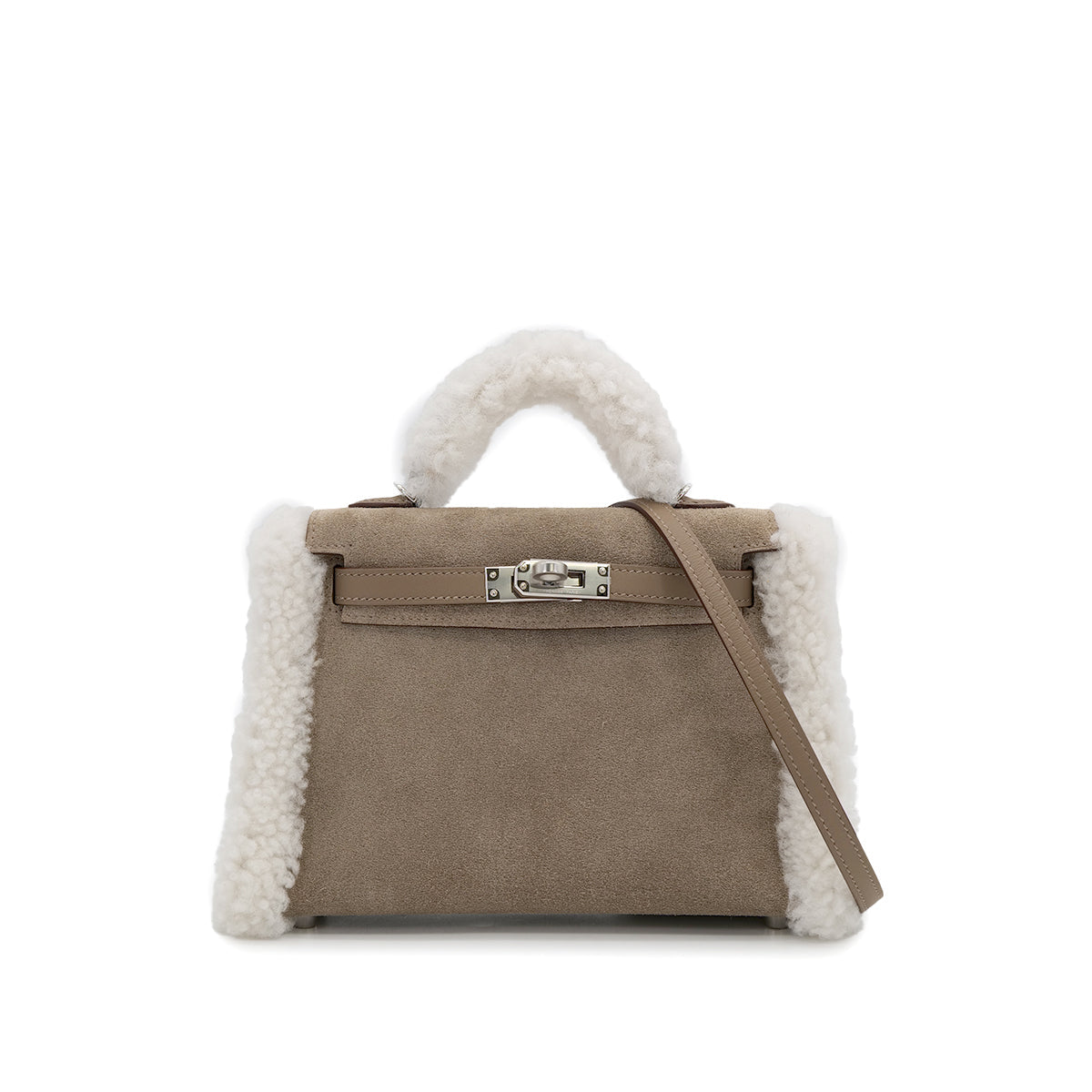 HERMES MINI KELLY 20 TEDDY PLUCH GRIS CAILLOU ECRU ETOUPE GRIZZLY MOUTON VEAU SWIFT HAND SHOULDER BAG 2025 K STAMP PALLADIUM HARDWARE 90318739