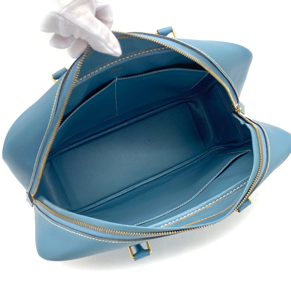 HERMES PLUME 32 BLUE JEAN VEAU EPSOM HAND BAG 2002 SQUARE F GOLD HARDWARE 90319693