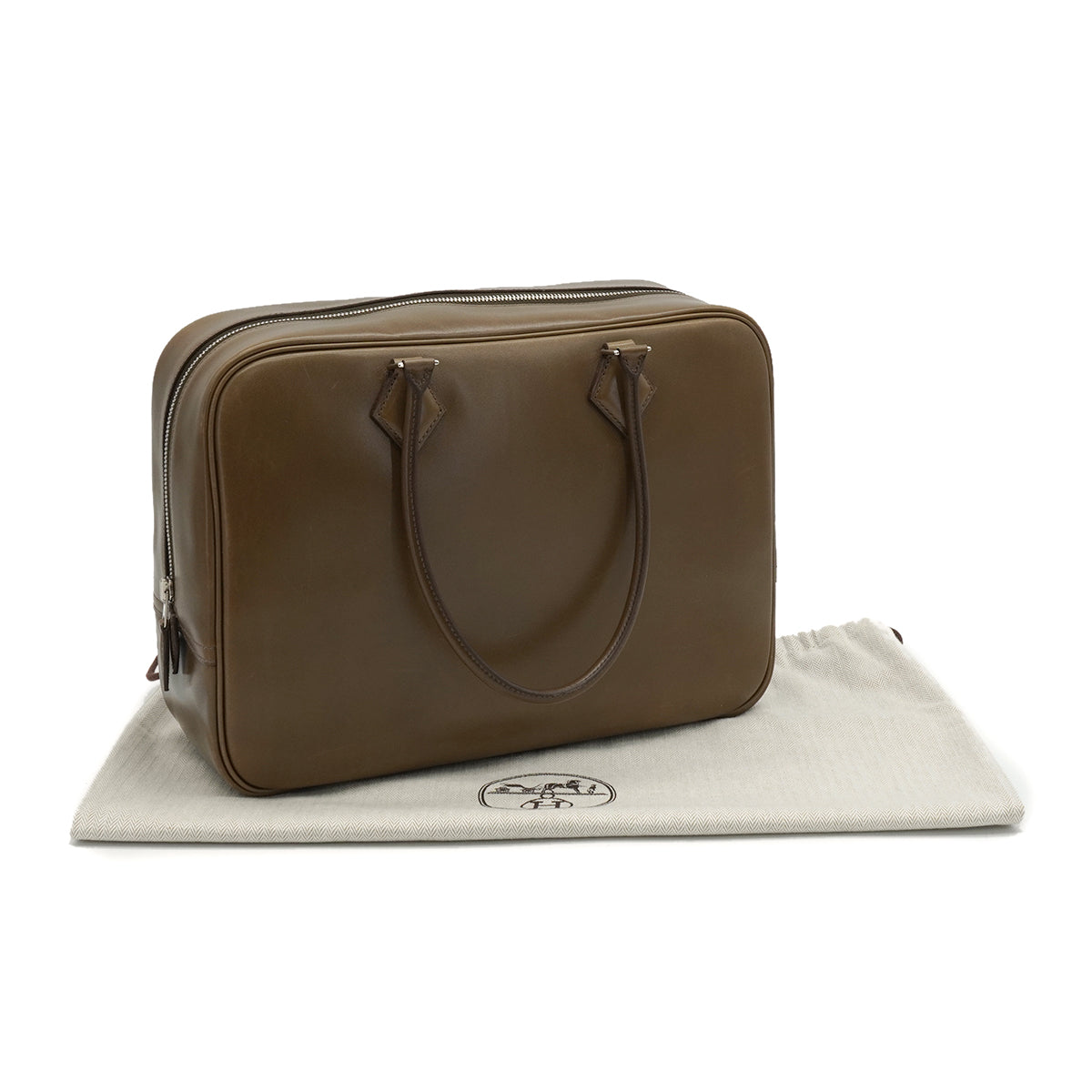 HERMES PLUME 32 KHAKI BOX CALF HAND BAG 2008 SQUARE L PALLADIUM HARDWAR 90340476