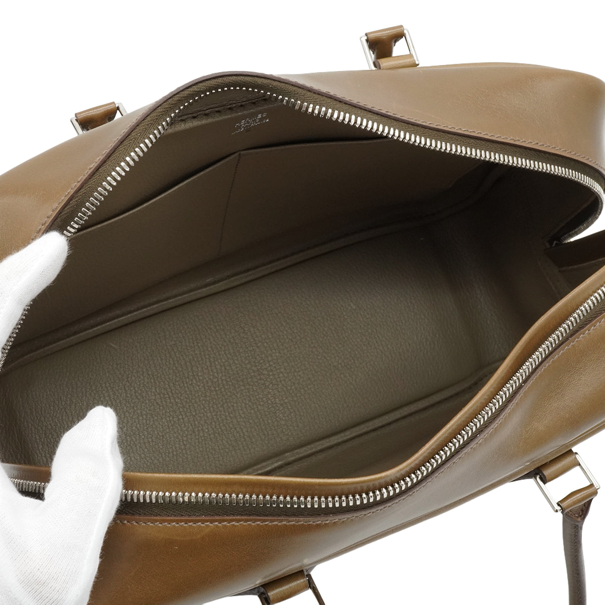HERMES PLUME 32 KHAKI BOX CALF HAND BAG 2008 SQUARE L PALLADIUM HARDWAR 90340476