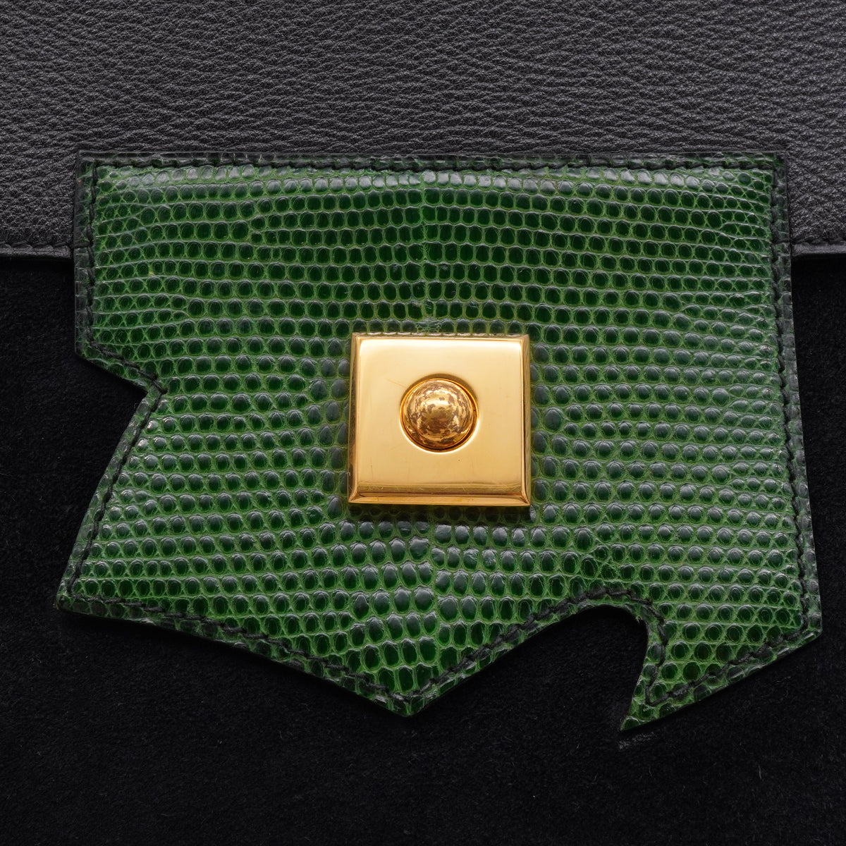 HERMES PRESIDENT BLACK GREEN DOBLIS LIZARD VEAU BARENIA HAND BAG 1988 CIRCLE R GOLD HARDWARE 90345058
