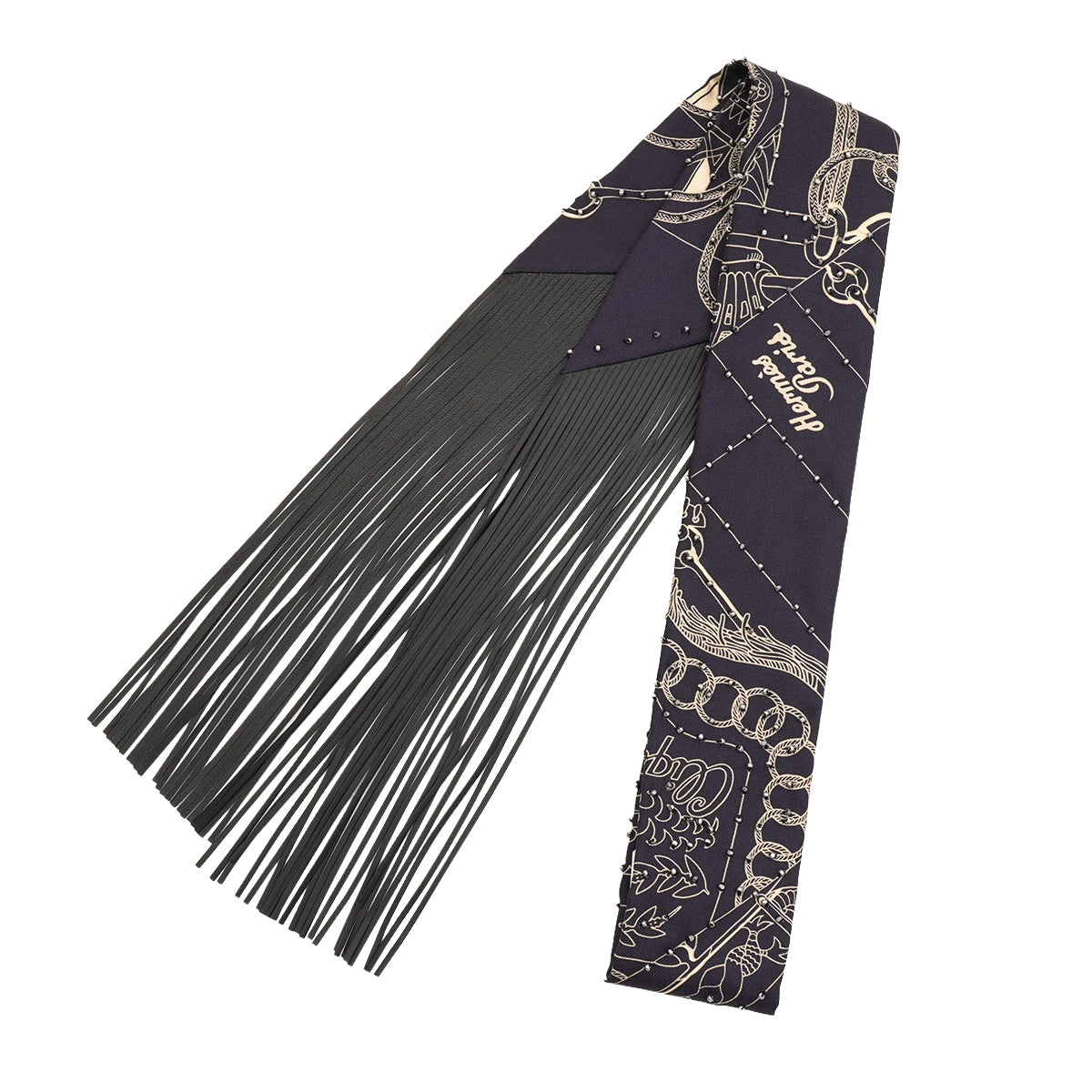 HERMES TWILLY FRINGE LES CLES A POIS BLACK WHITE SILK LEATHER 90345988