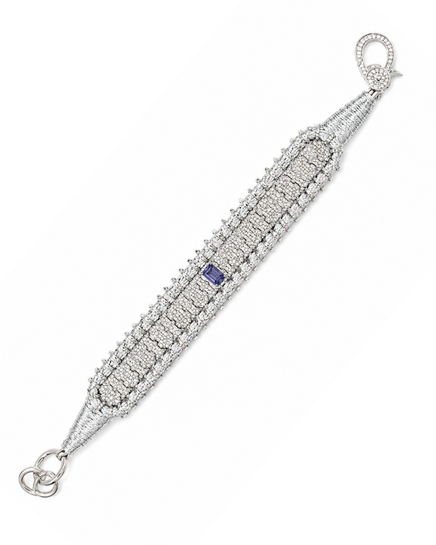 Diamond-encrusted Sterling Silver Friendship Bracelet with Tanzanite Centerpiece in Silver Thread
