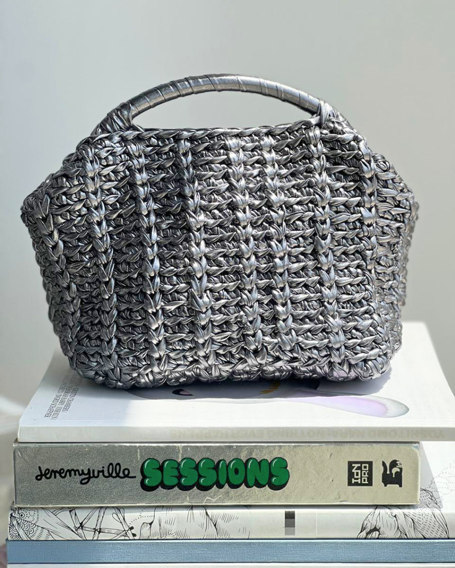 Half Moon Grand Galactica Metallic Rope Silver Grey Basket Bag