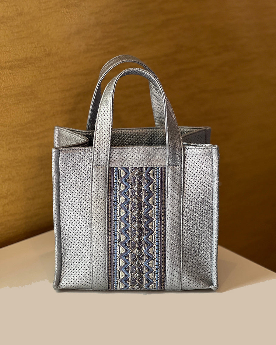 Limited-Edition Mini Leather Tote Bag with Silver Hand Embroidery