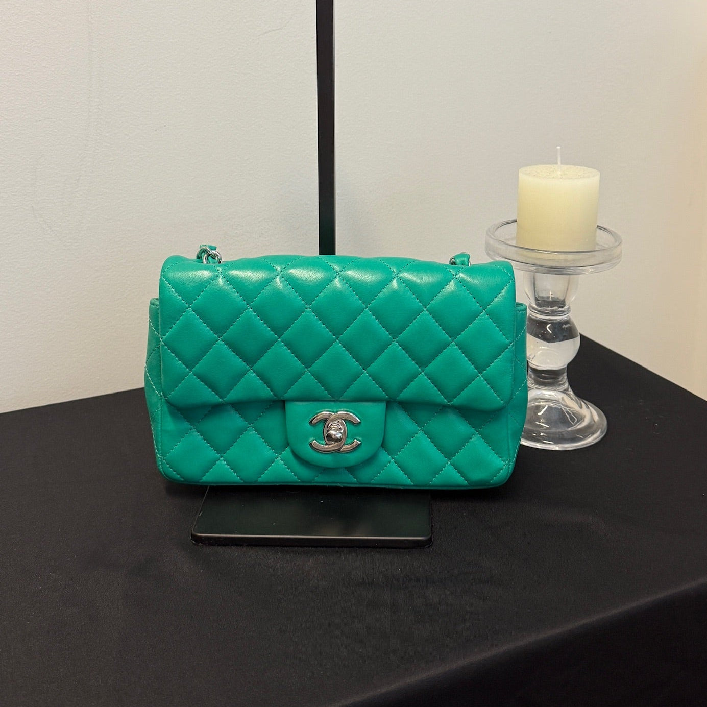 Chanel Mini Rectangle green silver hardware front view
