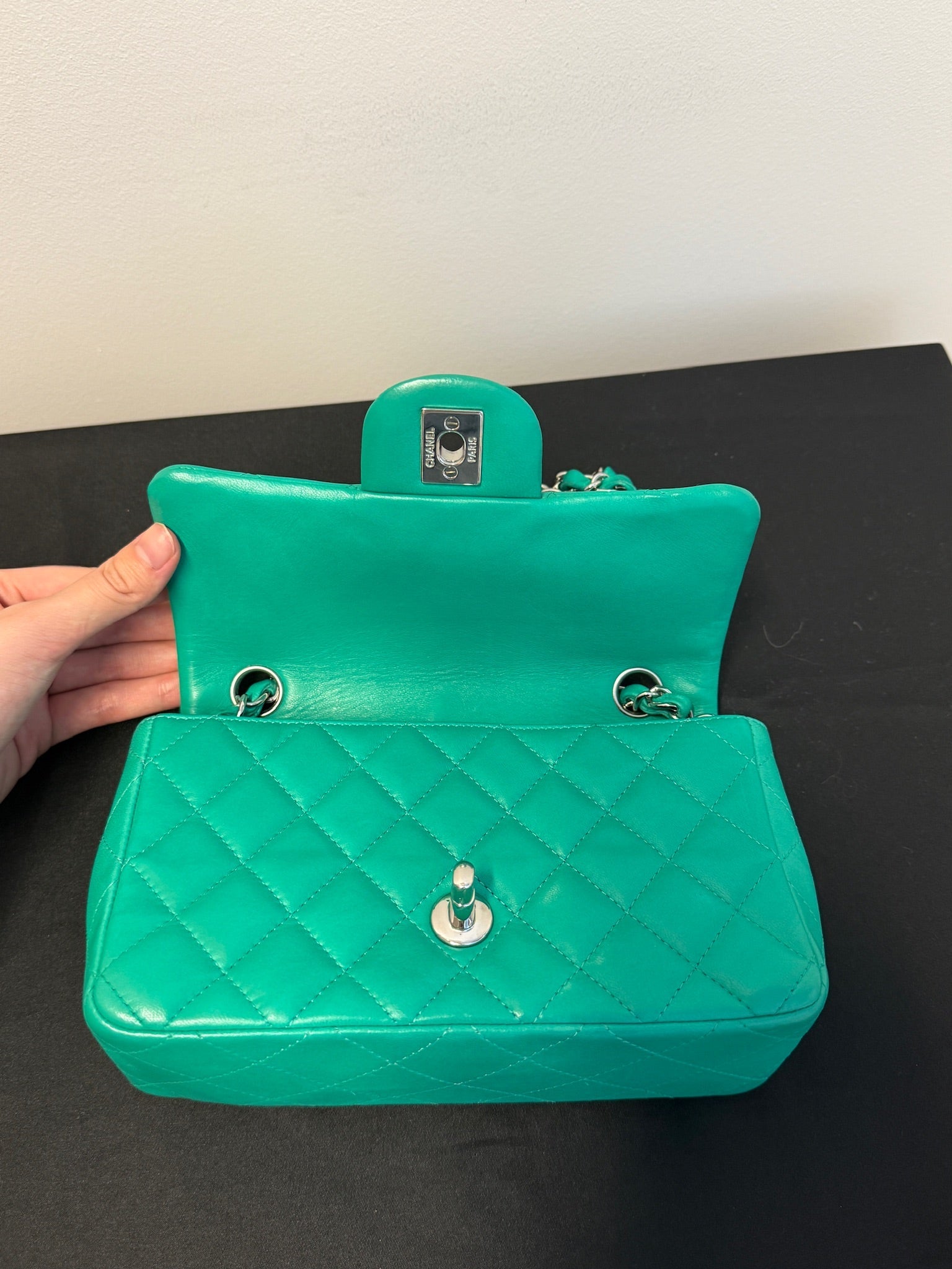Chanel Mini Rectangle green silver hardware detail 6