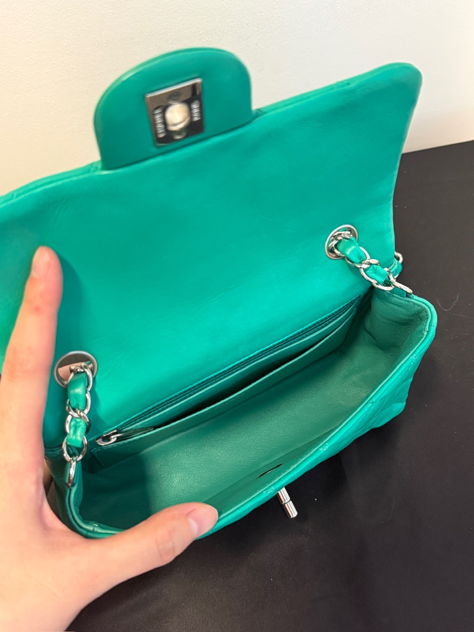 Chanel Mini Rectangle green silver hardware detail 8