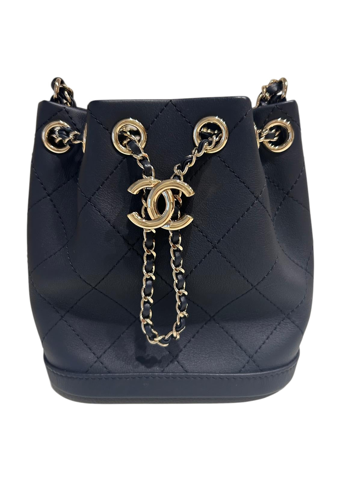 Chanel Mini Navy Bucket Bag with Gold Hardware