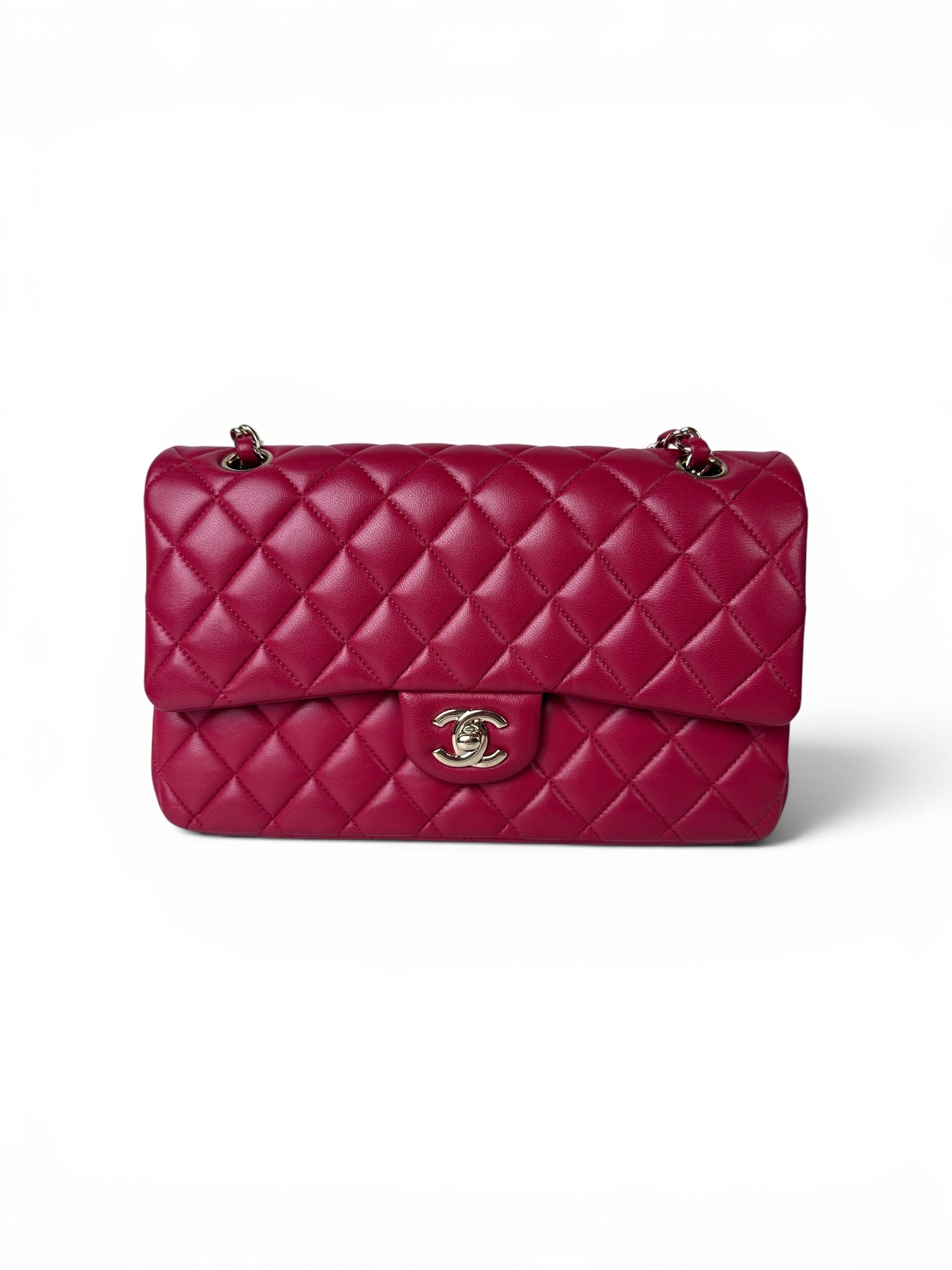 CHANEL "TRUE CLASSIC" RED MEDIUM CLASSIC FLAP BAG IN LAMBSKIN
