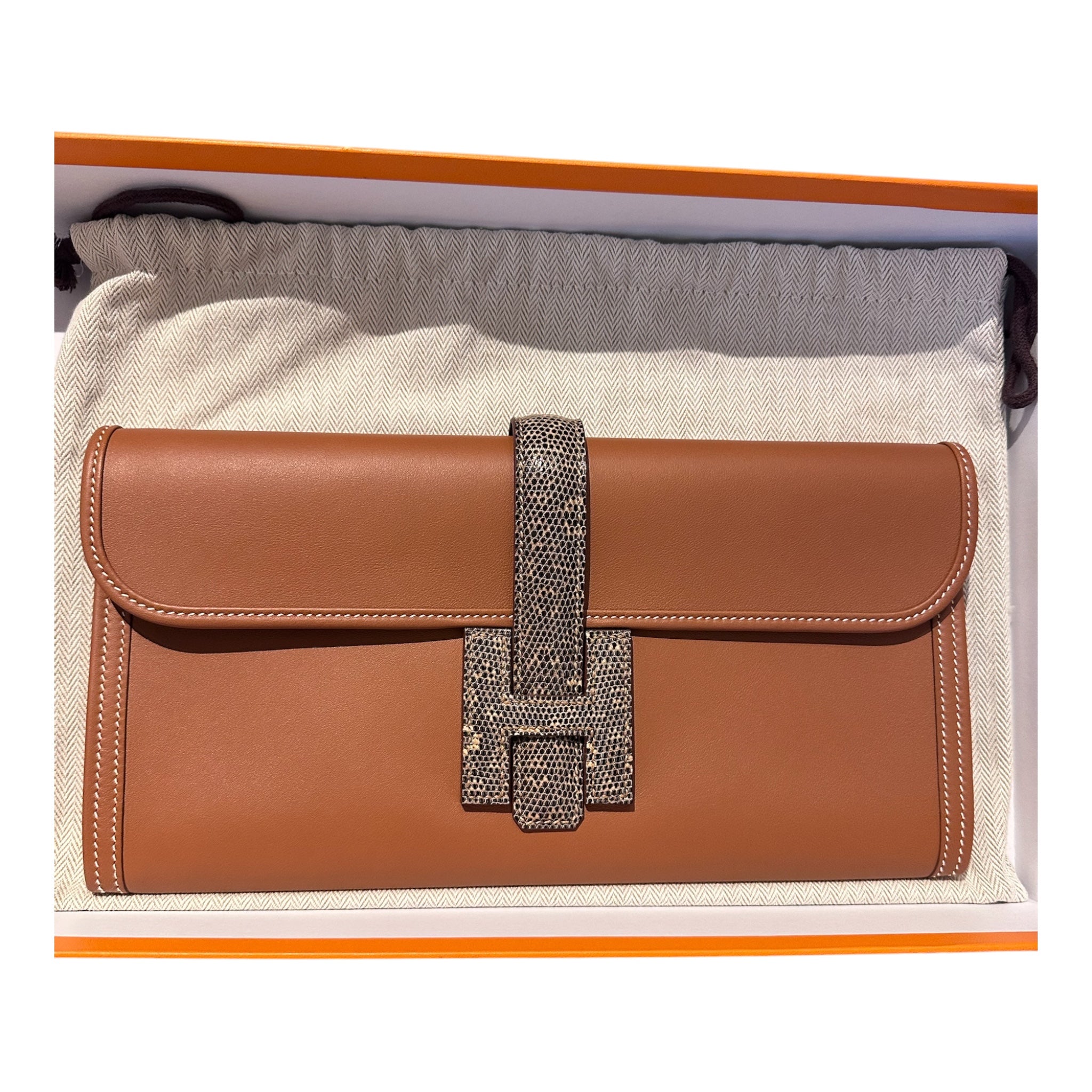 Hermes Gold Jige Elan Clutch Evercolor with Lizard