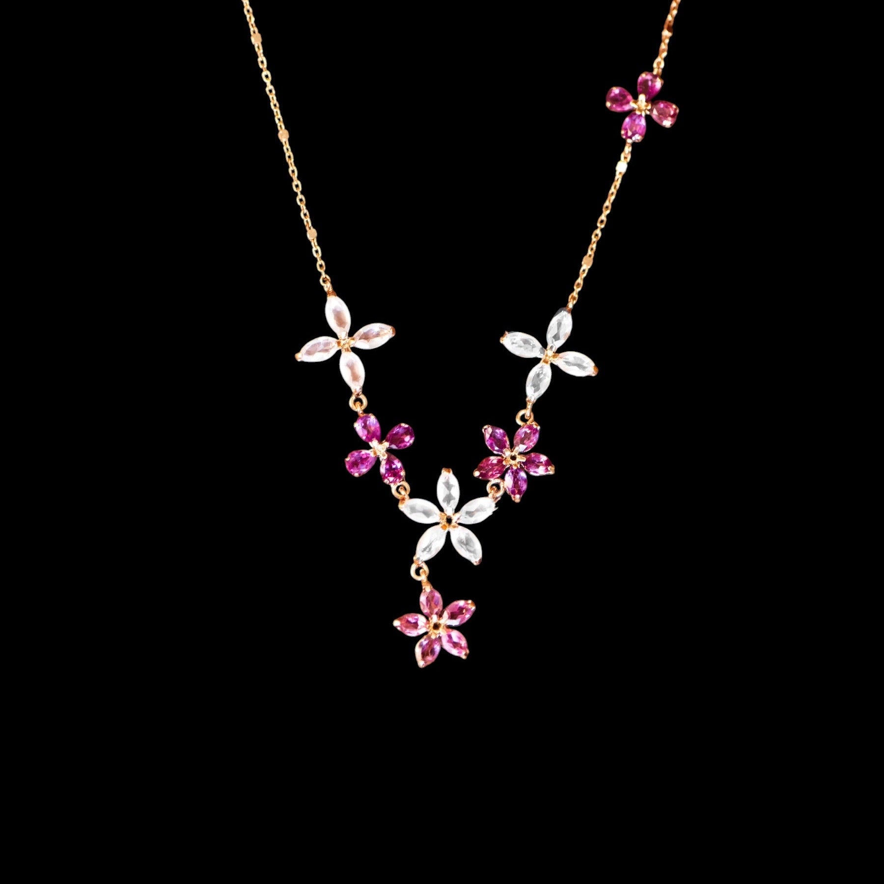 Natural Tourmaline Stone Flower Necklace 0.17ct, Rhodolite 0.43ct, Celestines 0.81ct set in 18K Gold