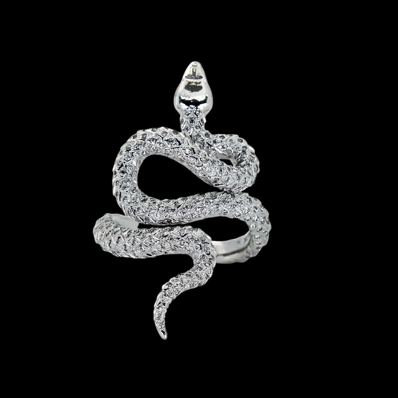 Natural White Diamond Snake Ring set in 18K White Gold