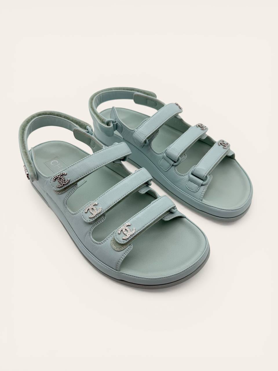 Chanel CC Dad Sandals Light Blue Crystals Sz36 DLT7915