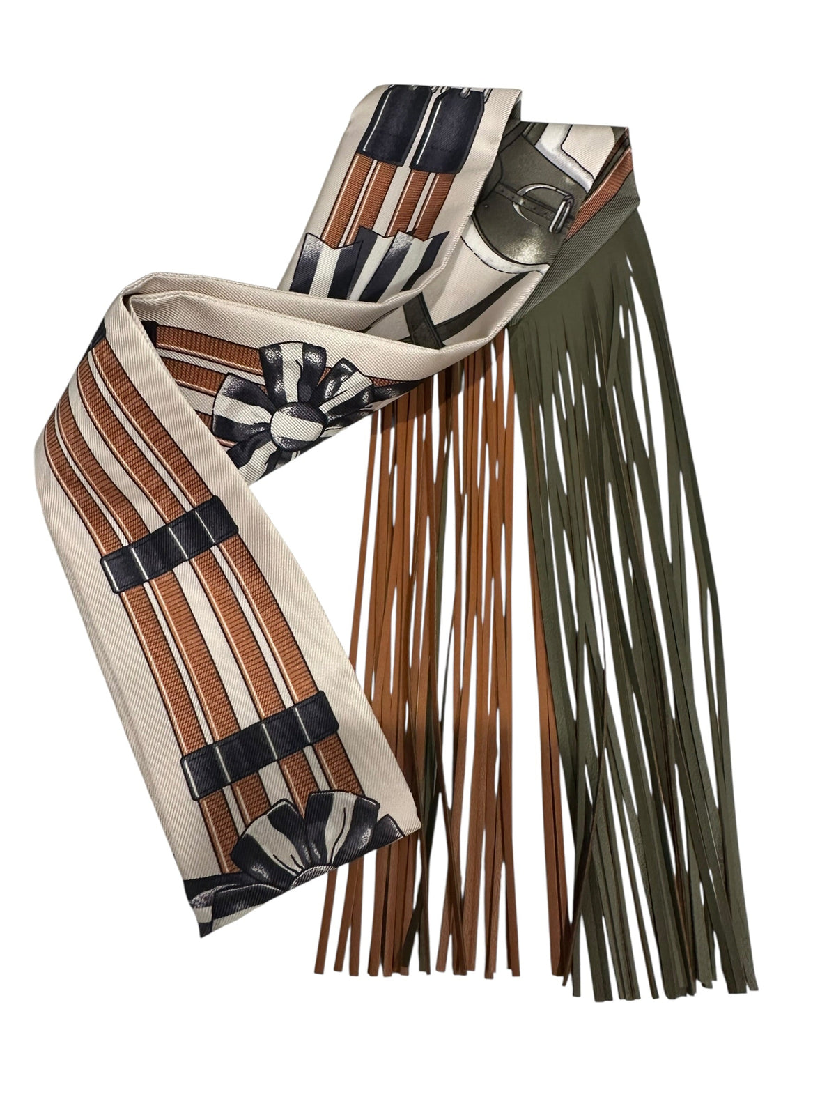 Hermes Gold/Ivory & Khaki Leather Fringe Twilly