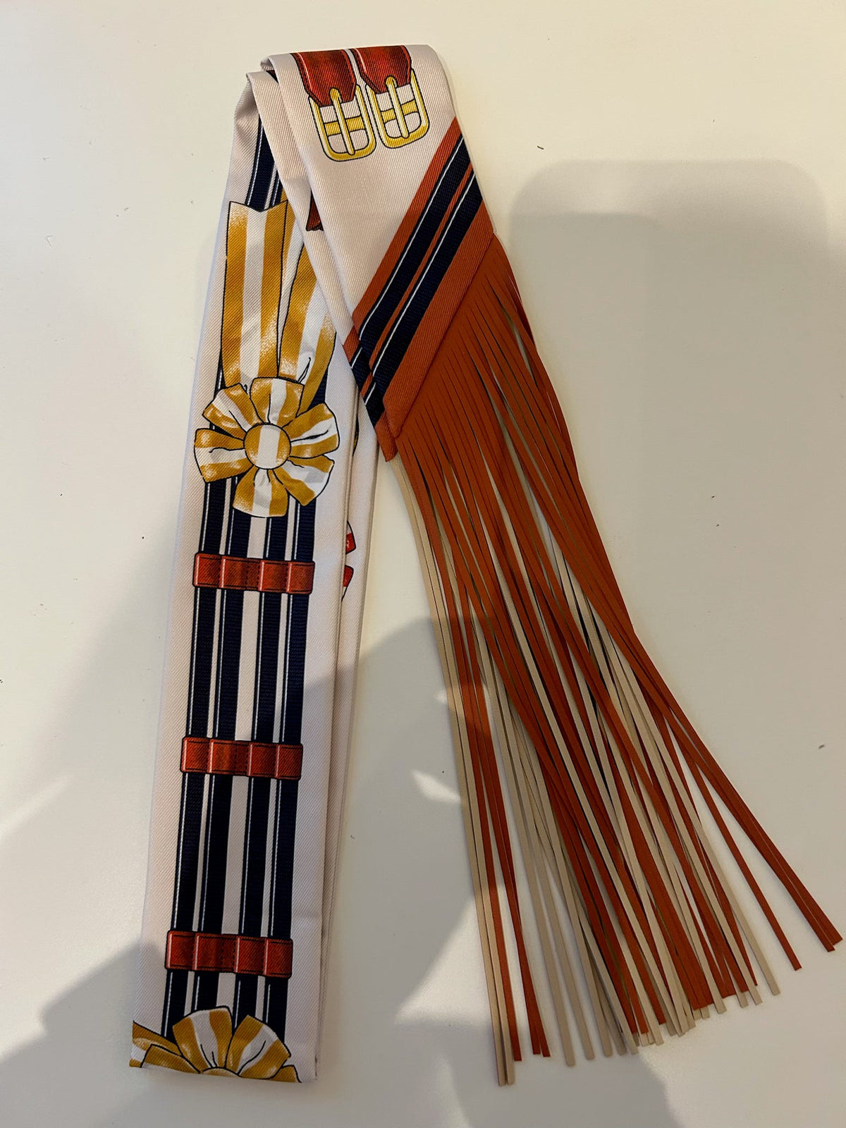 Hermes Gold & Cream Twilly with Leather Fringe