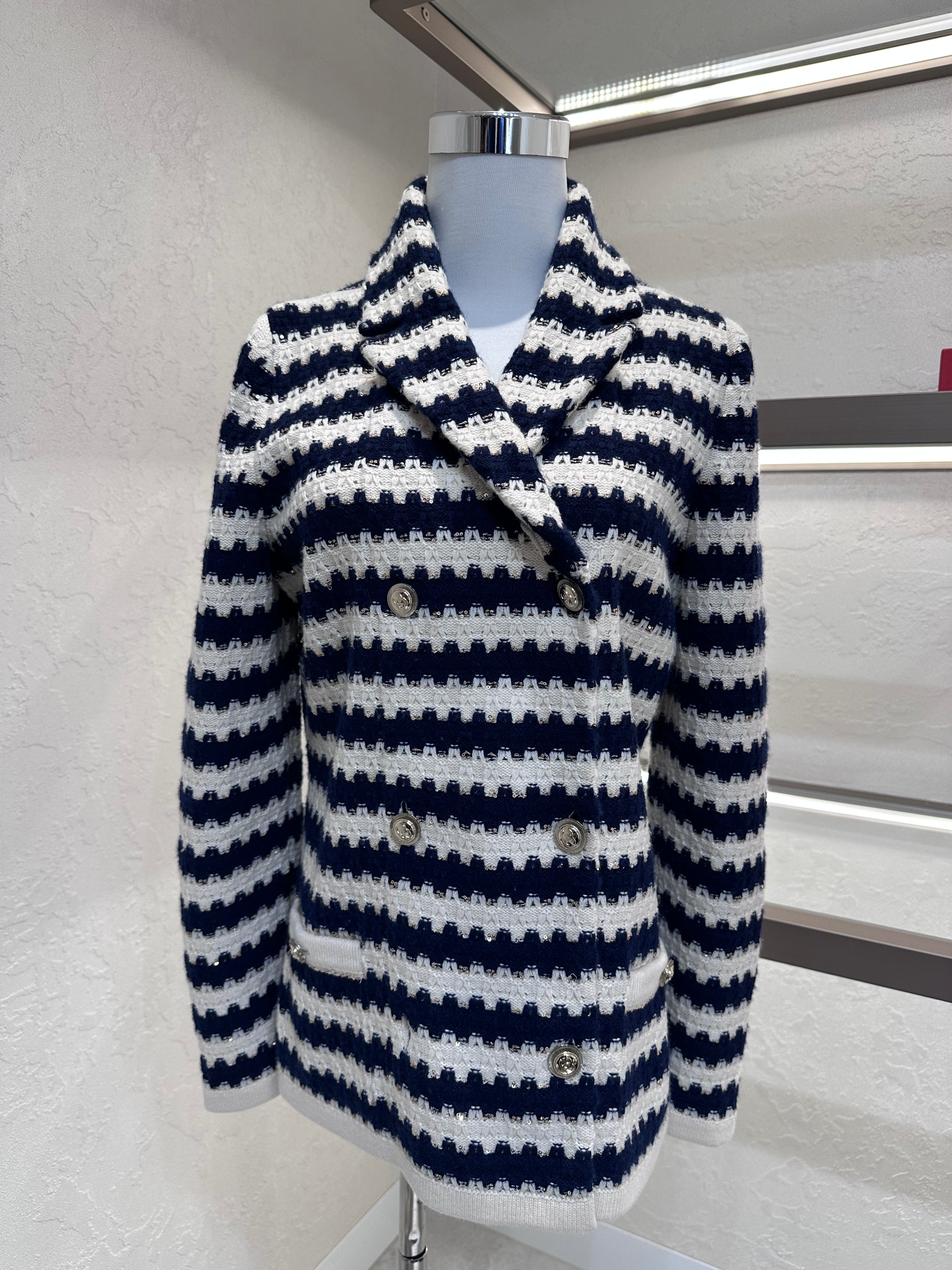 Chanel 21C Navy Stripped Knit Cashmere Jacket - size 38