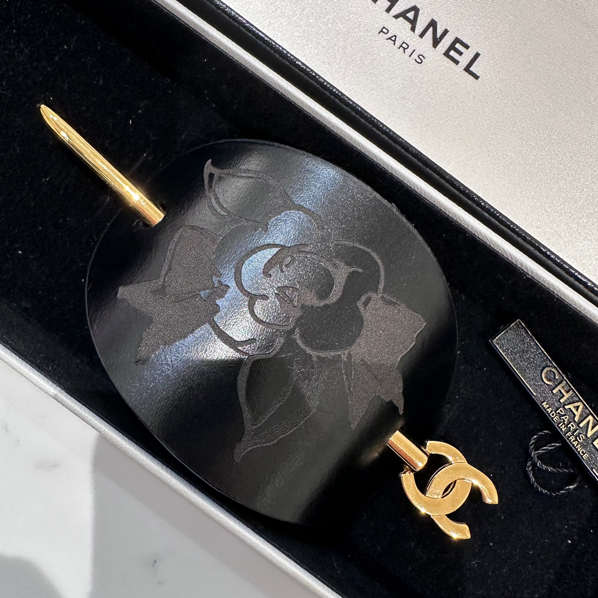 Chanel Vintage Leather Hair Piece & Pin - Unused in Original Box