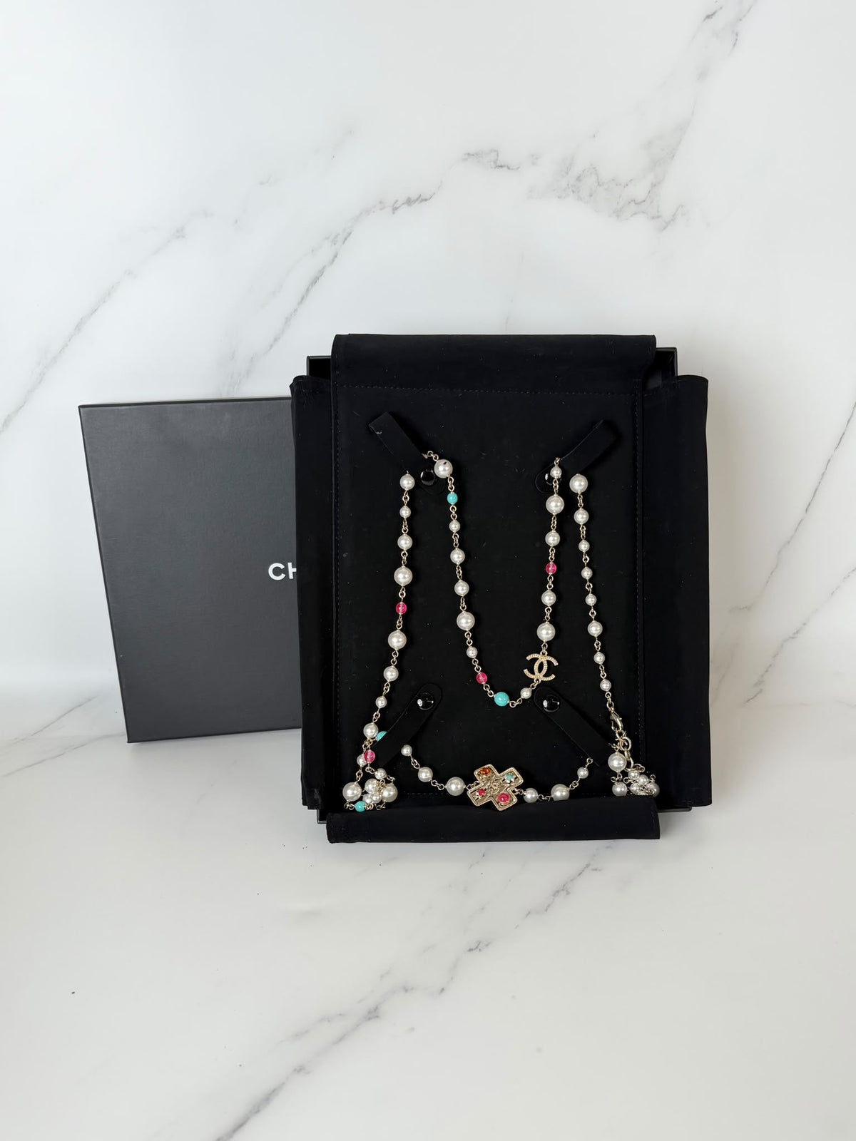 Chanel 2017 Faux Pearl Cross Gripoix CC Necklace