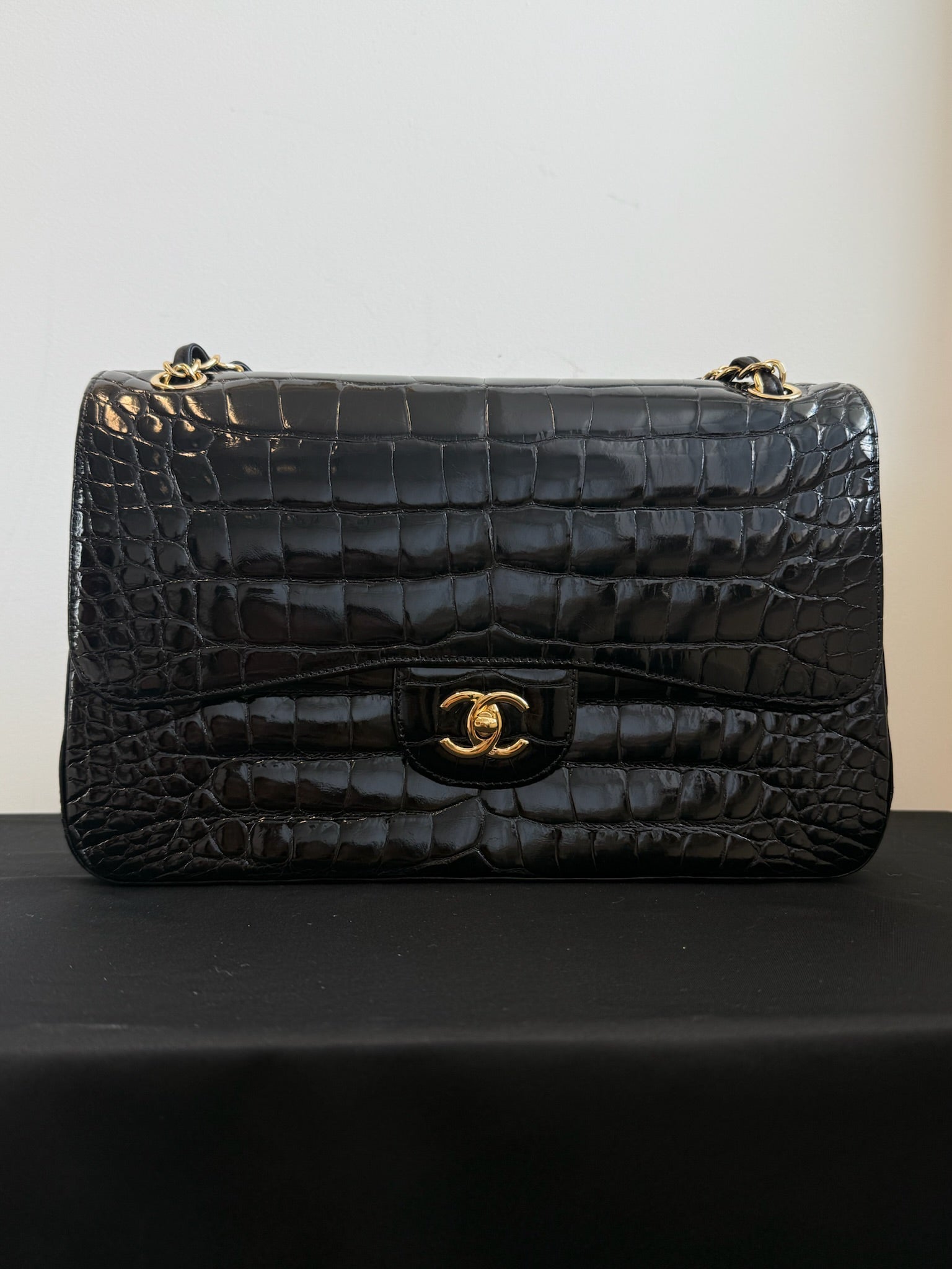 Chanel Jumbo Double Flap Bag Black Alligator Gold Hardware