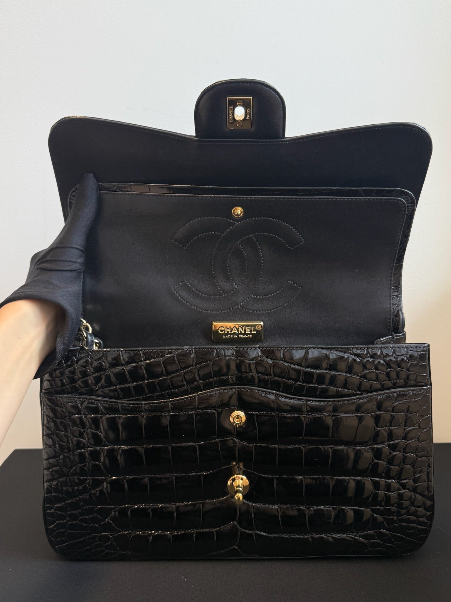 Chanel Jumbo Double Flap Bag Black Alligator Gold Hardware