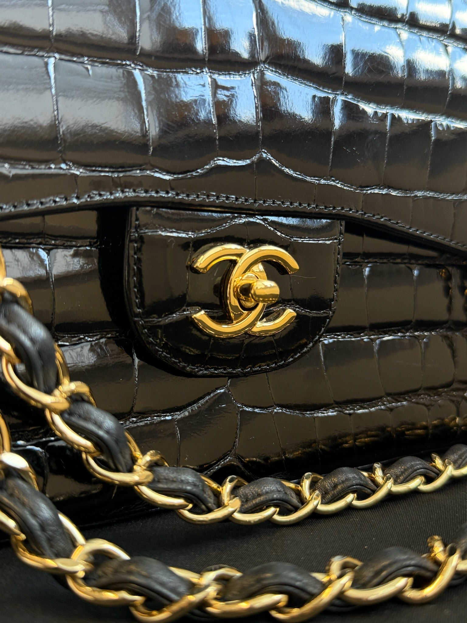 Chanel Jumbo Double Flap Bag Black Alligator Gold Hardware