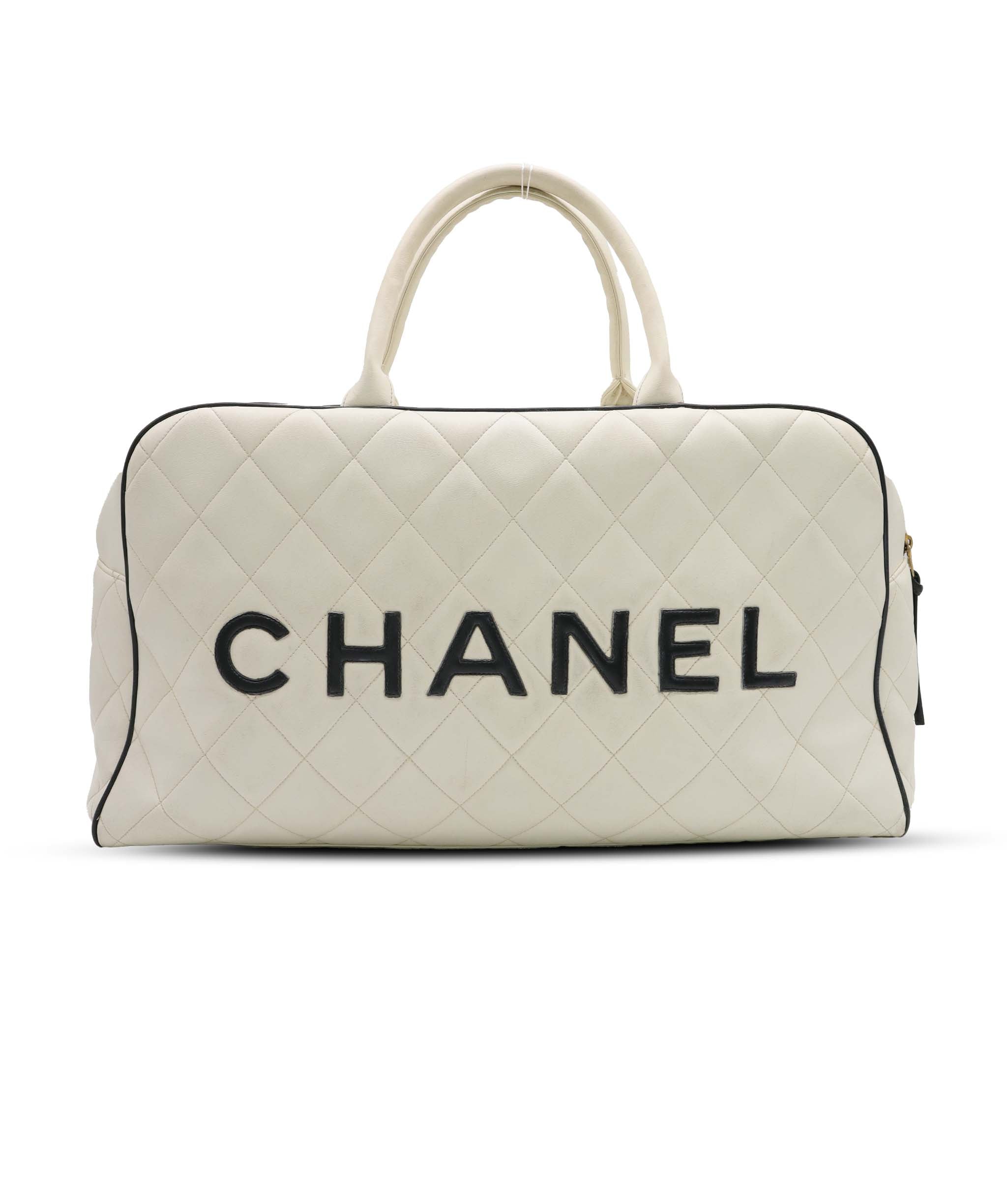 Chanel Vintage Bowler Bag White with Black Chanel Logo