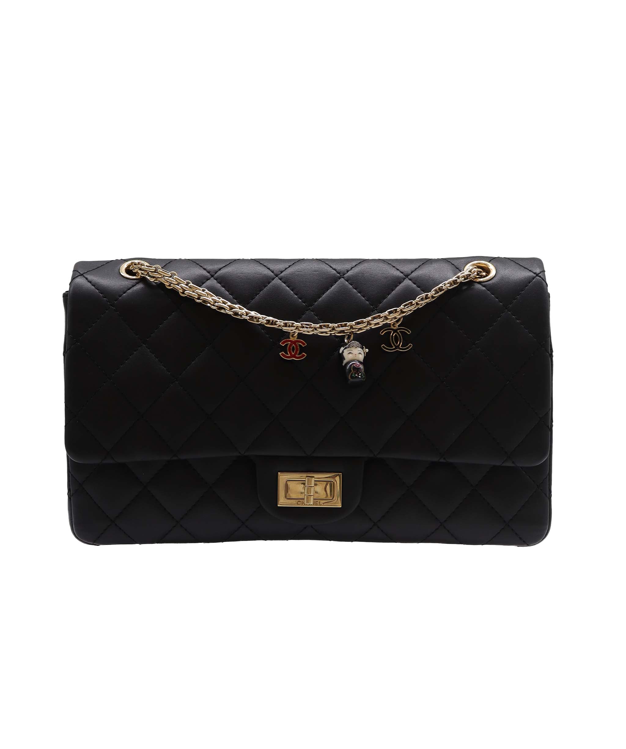 CHANEL VINTAGE 2.55 CHAIN SHOULDER BAG BLACK LAMB SKIN 90261218 DXBS2925