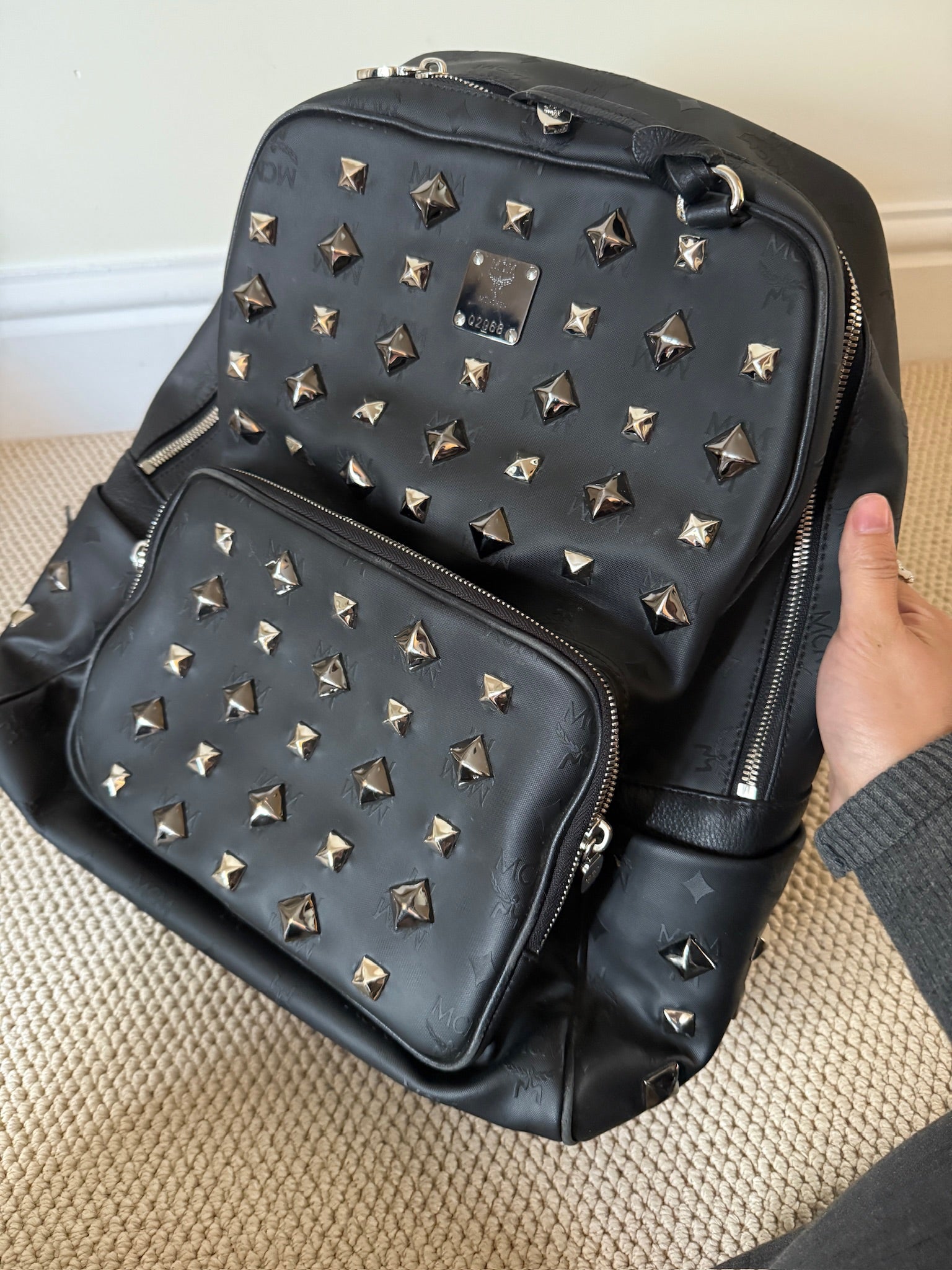 MCM Black Studded Backpack with Matching Zip Pouch – Heavy Embellished Design