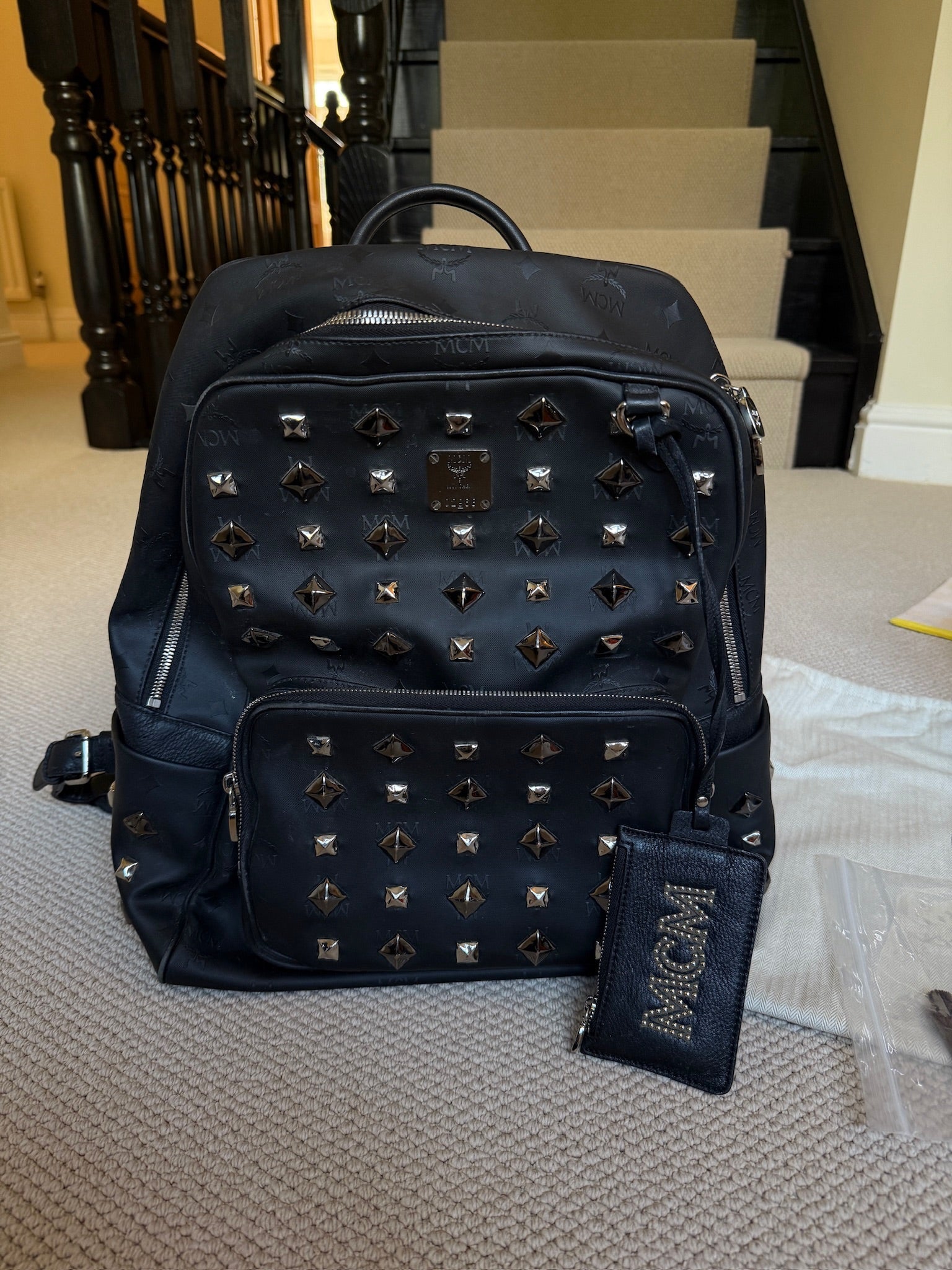 MCM Black Studded Backpack with Matching Zip Pouch – Heavy Embellished Design
