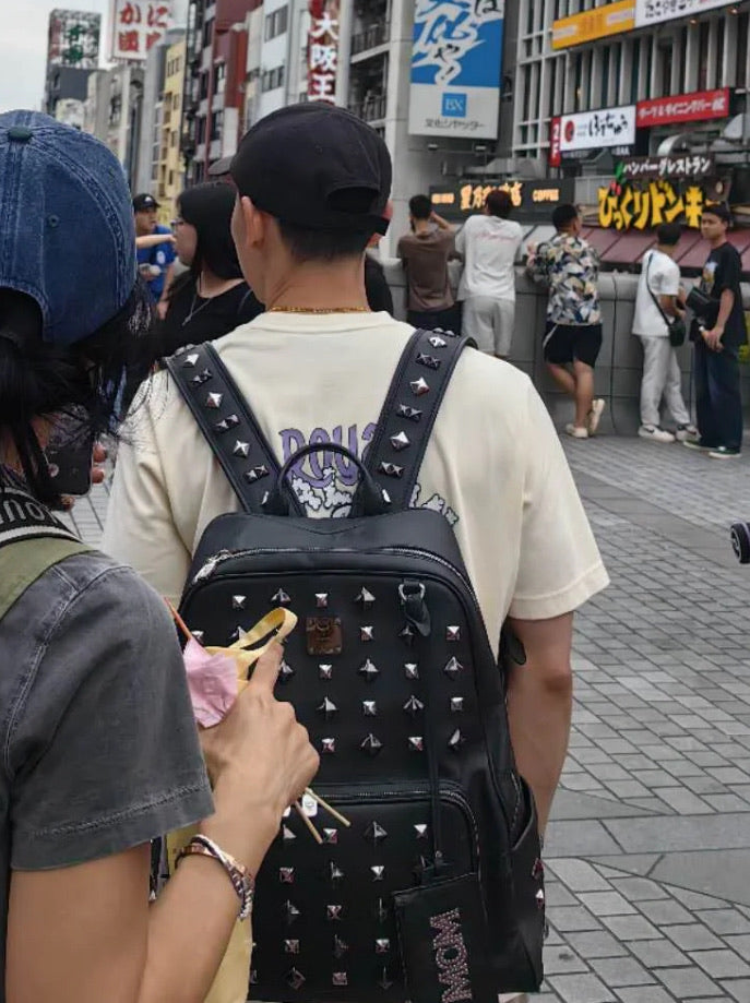 MCM Black Studded Backpack with Matching Zip Pouch – Heavy Embellished Design