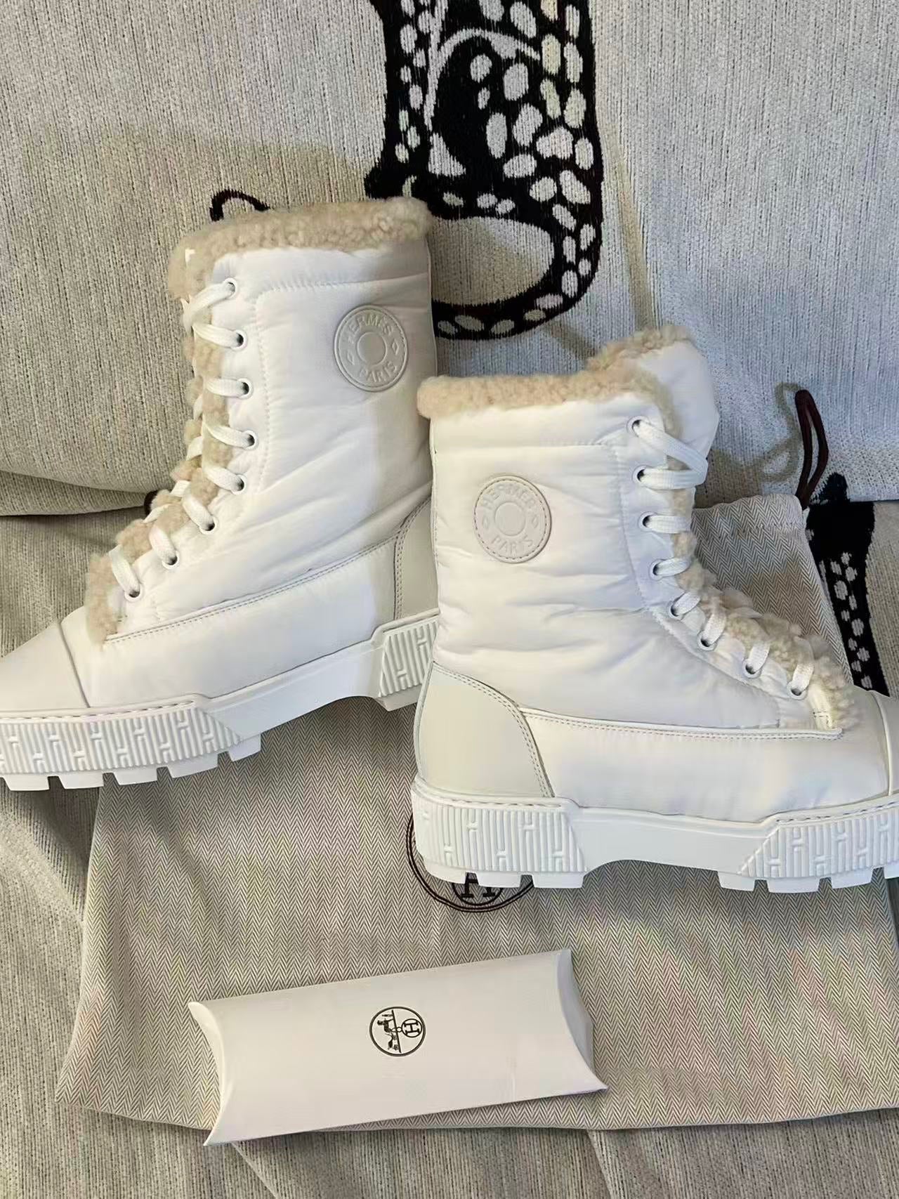 EU37-Hermès White Lace-Up Ankle Boots