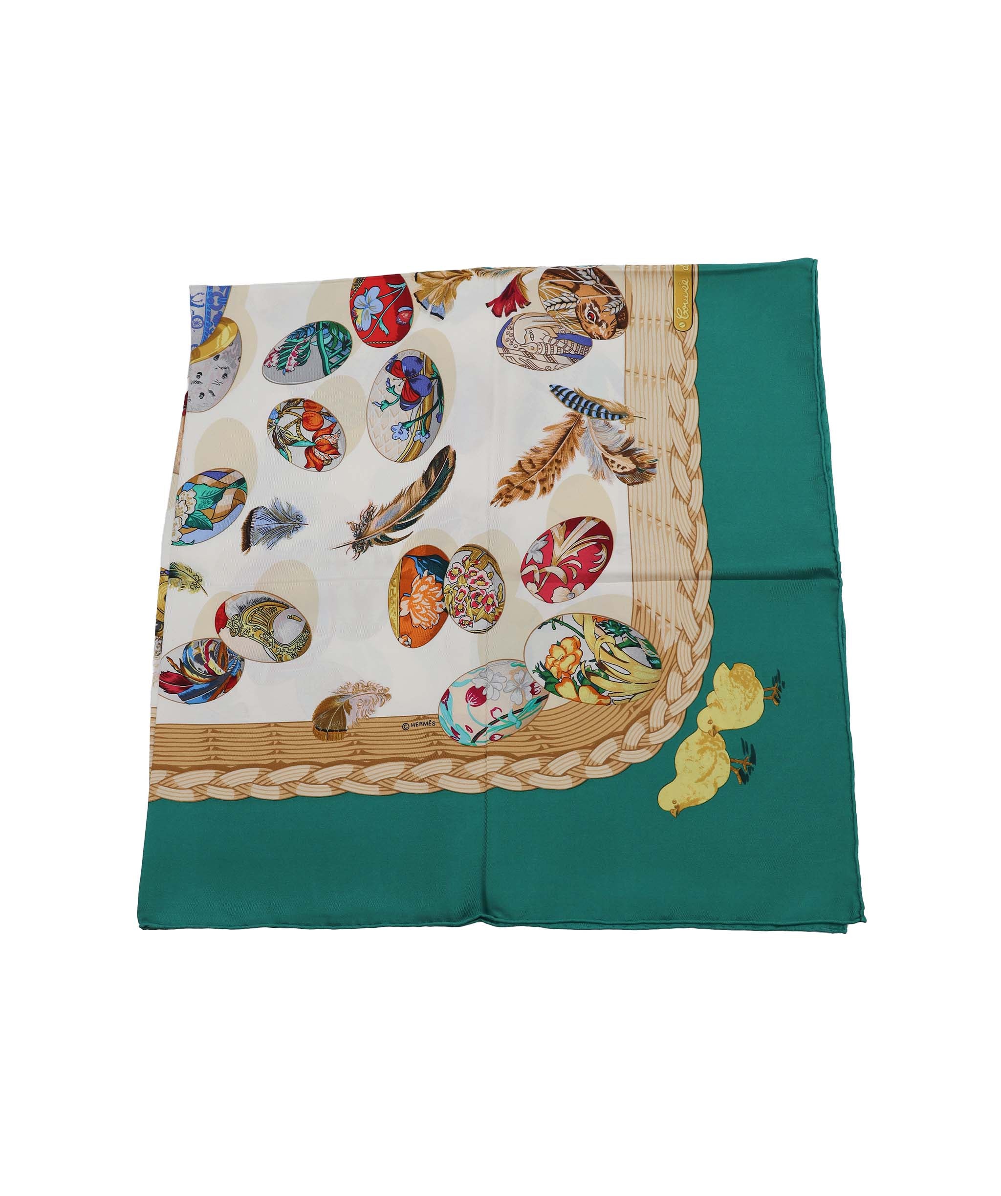 HERMES Carre 90 Scarf Hermes Chicks Silk White Green  DXBV0320