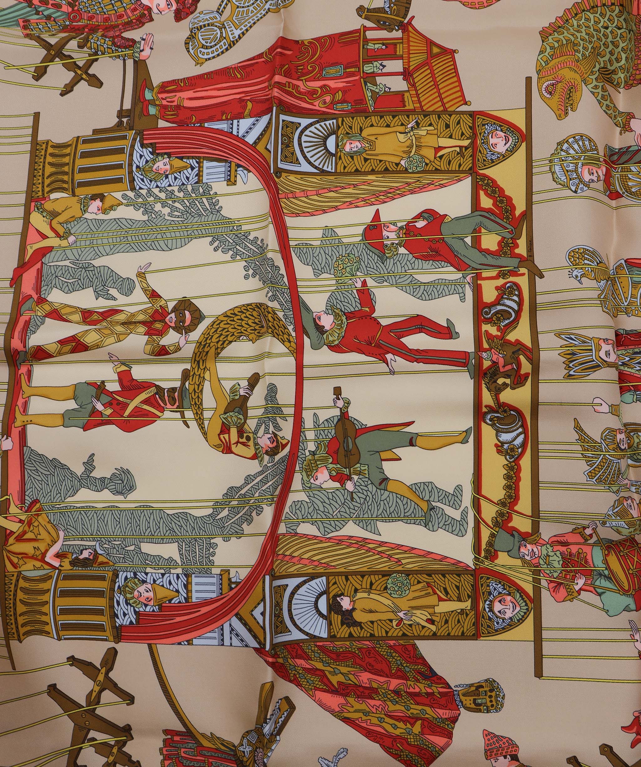 HERMES Carre 90 Scarf ""LE TEMPS des MARIONNETTES"" Silk Beige Auth am6535 DXBV0340