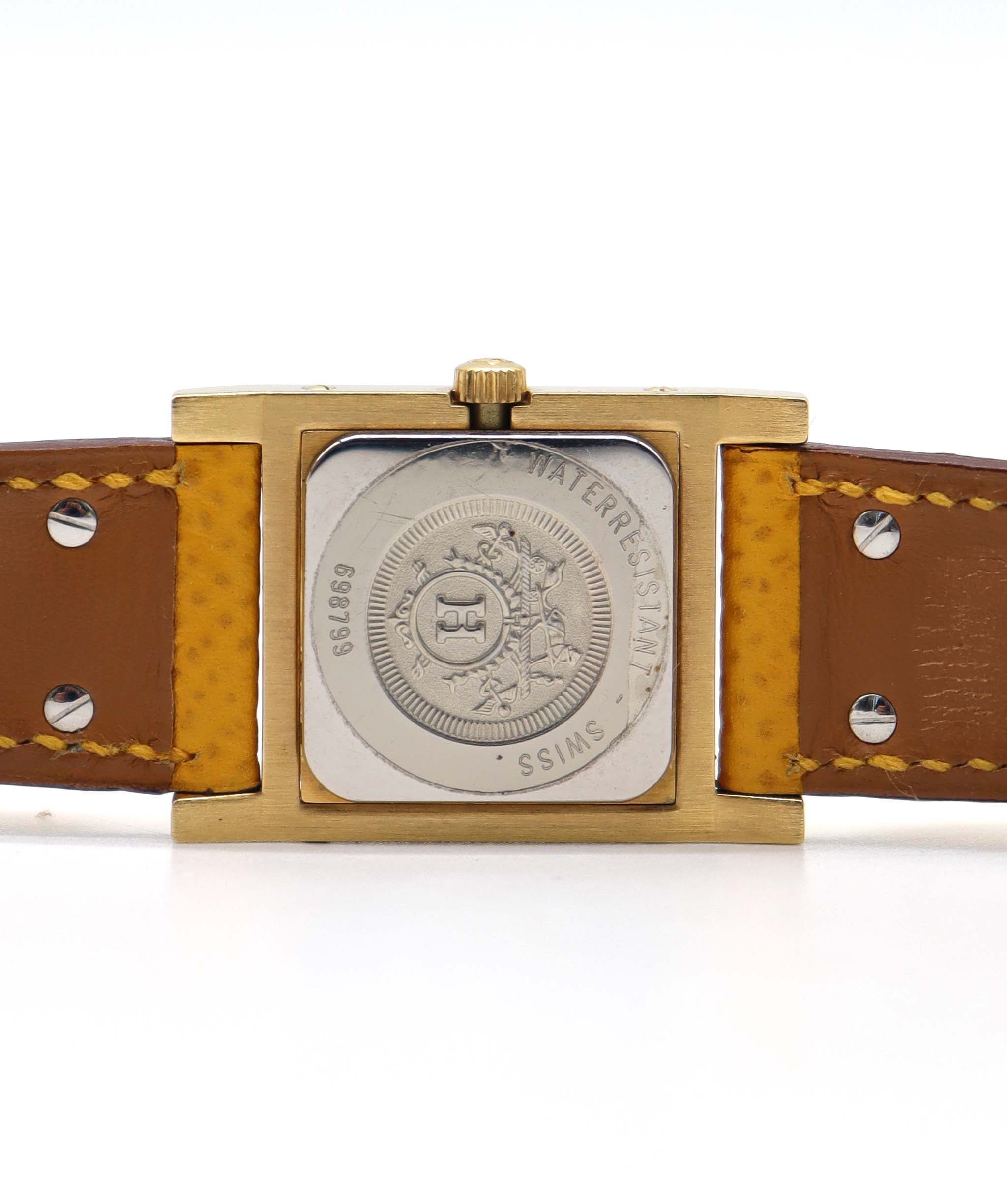 HERMES Medor Vintage Ladies' Watch, Pyramid Gold Studs, White and Yellow Leather, Quartz Watch, 90321255 DXBS6387